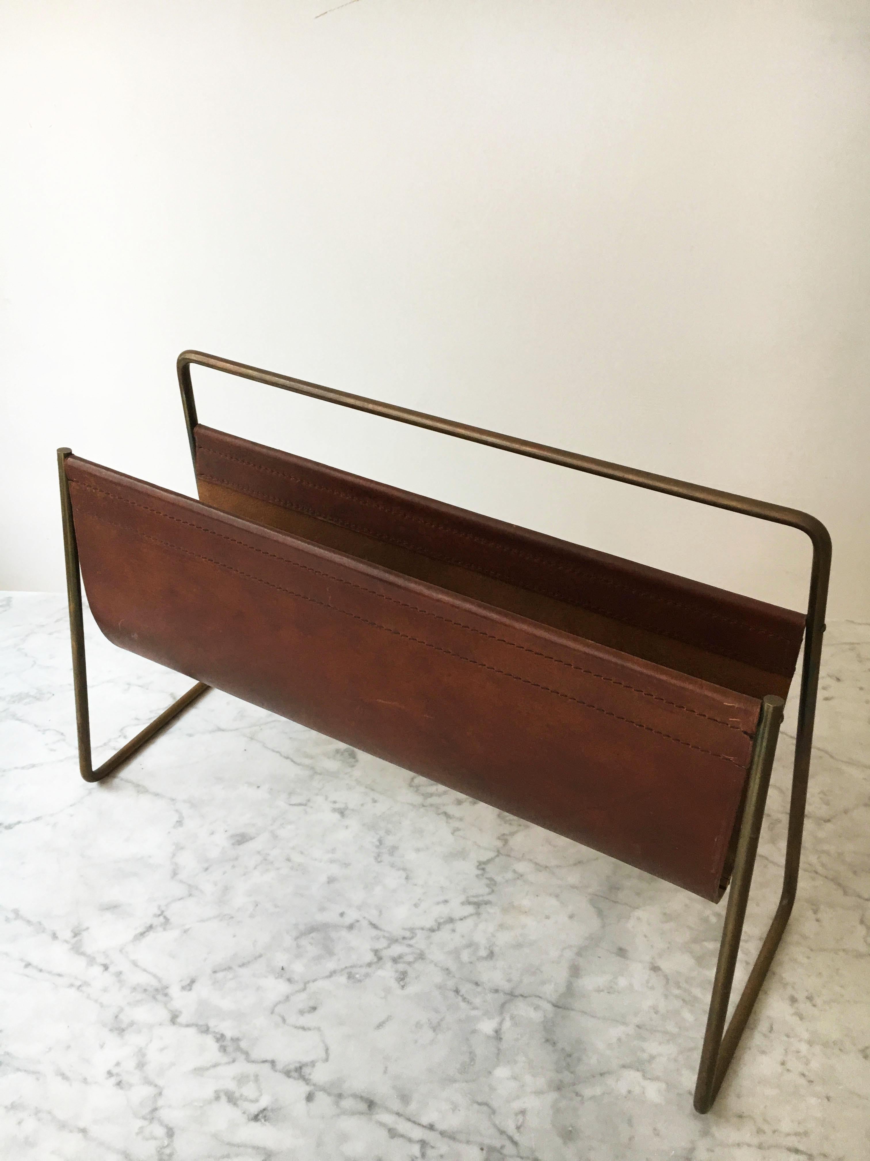 Carl Auböck Large Leather Magazine Stand, Austria, 1950s (Messing) im Angebot
