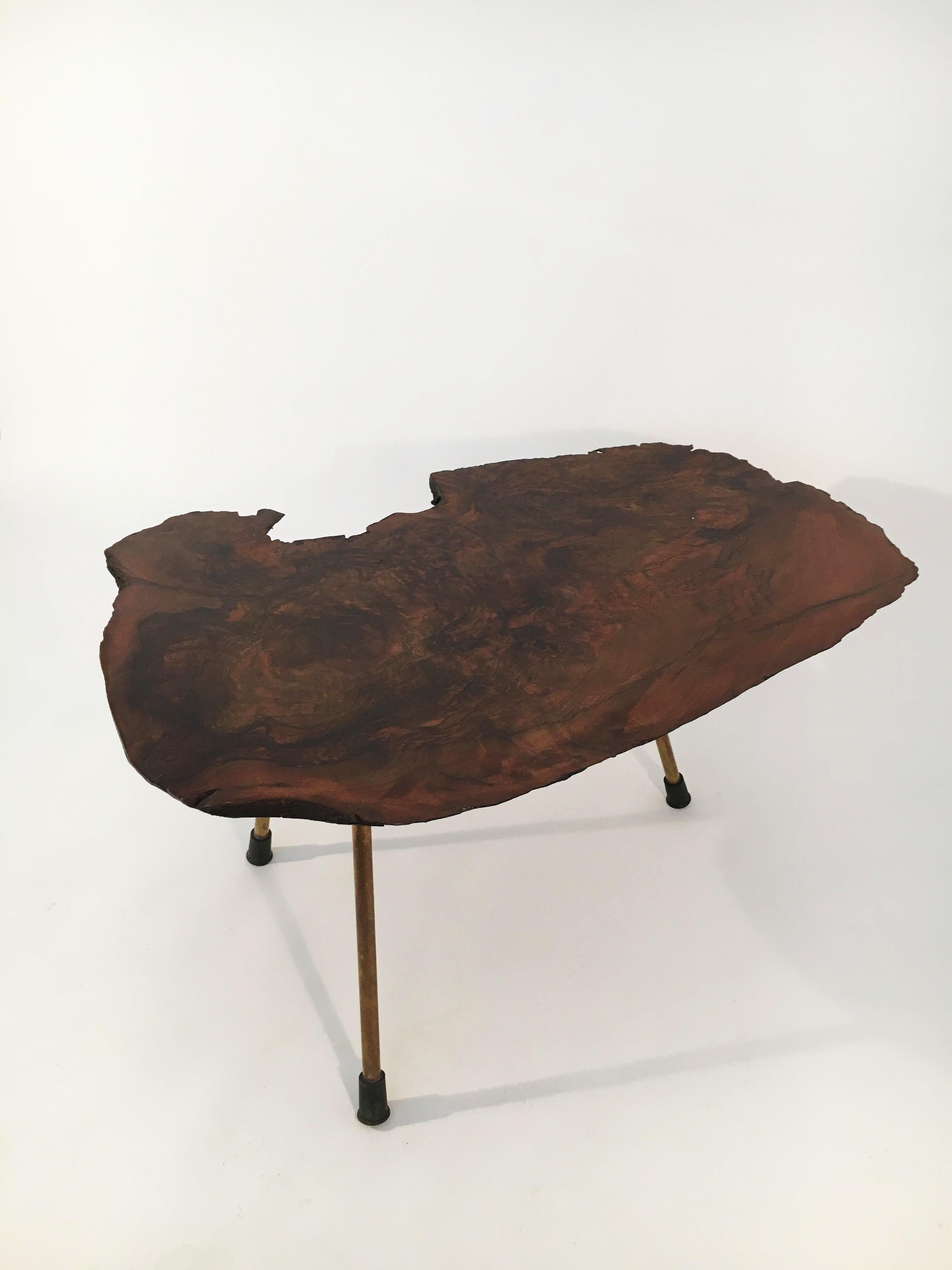 Carl Auböck II Original Large Walnut Tree Trunk Table 'Model No. 1' Austria, 1950s. Signed on the brass feet: Auböck. Each leg is numbered and the corresponding number is embossed into the slab of walnut tree trunk. An impressive and sculptural