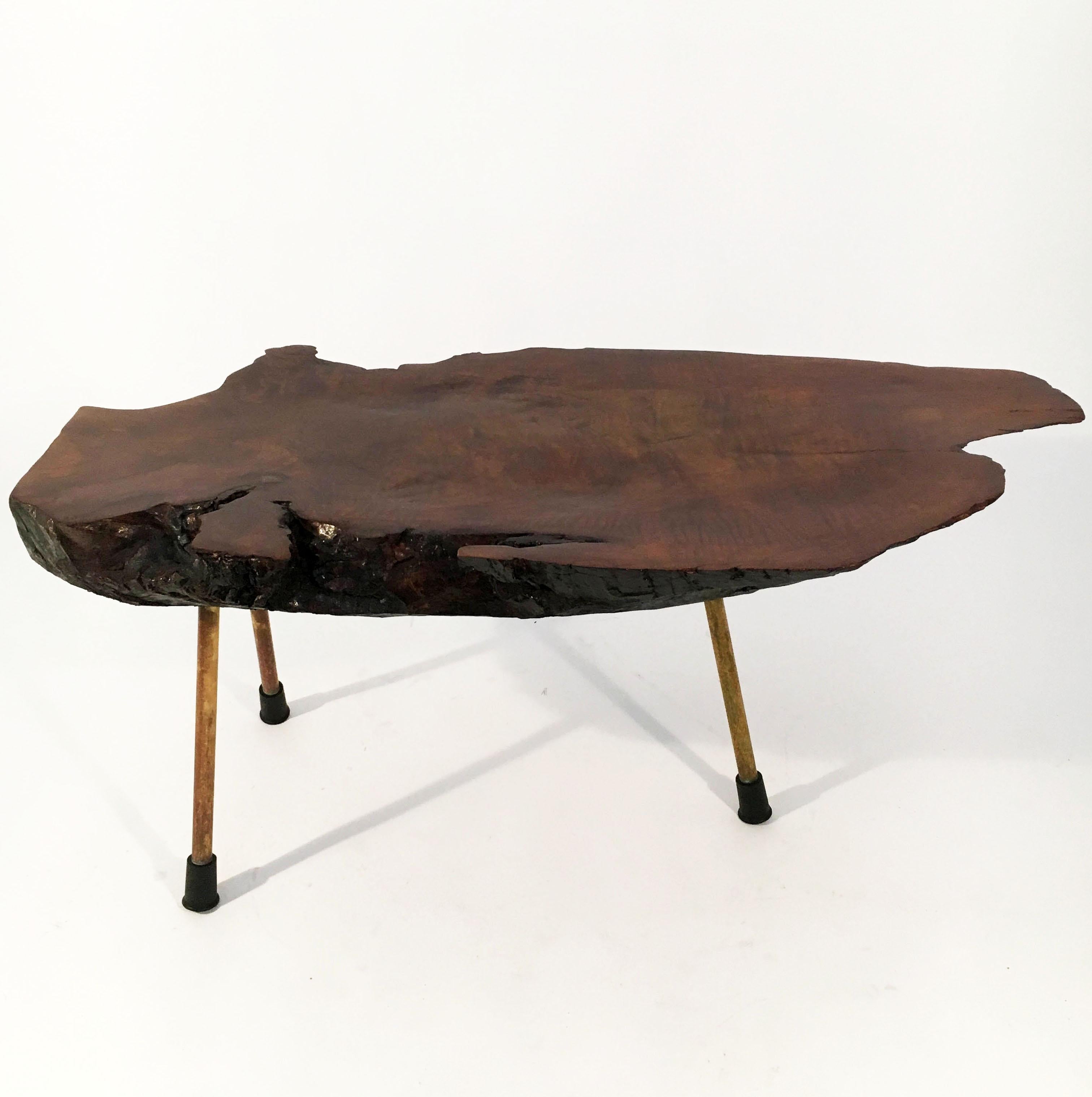 Carl Auböck II Original Large Walnut Tree Trunk Table 'Model No. 2' Austria, 1950s. Signed on the brass feet: Auböck. Each leg is numbered and the corresponding number is embossed into the slab of walnut tree trunk. An impressive and sculptural