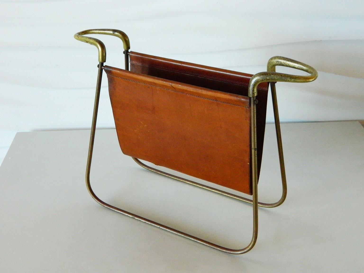 Mid-Century Modern Carl Auböck Leather and Brass Magazine Holder For Sale