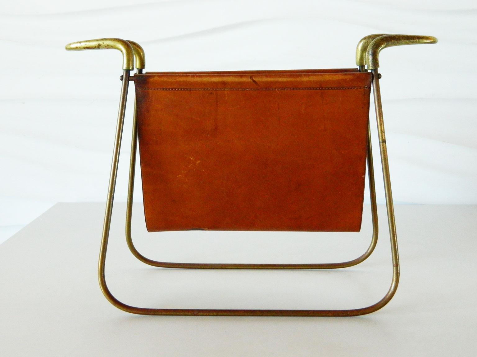 Carl Auböck Leather and Brass Magazine Holder In Good Condition For Sale In Baltimore, MD