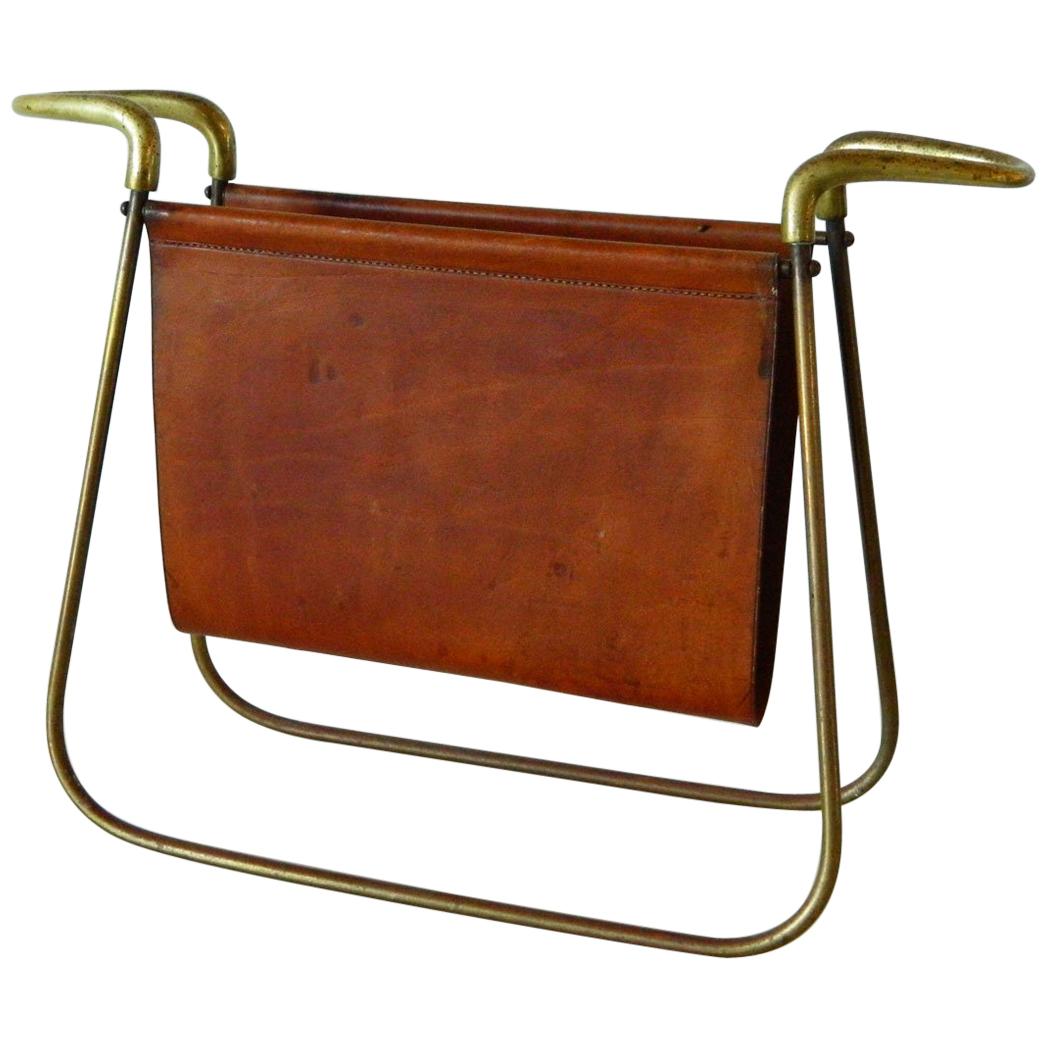 Carl Auböck Leather and Brass Magazine Holder For Sale