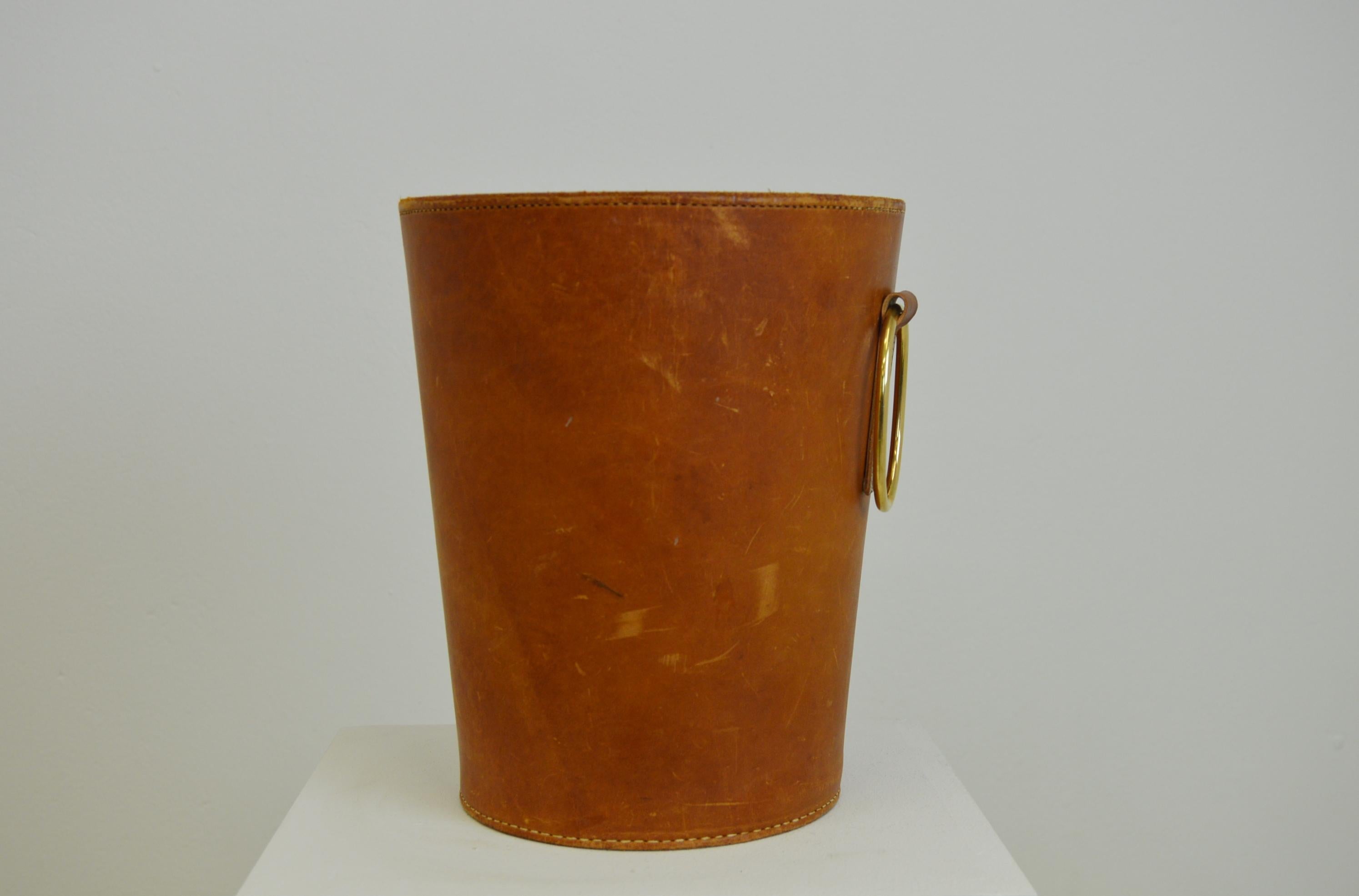 Mid-Century Modern Carl Auböck Leather Waste Bin For Sale