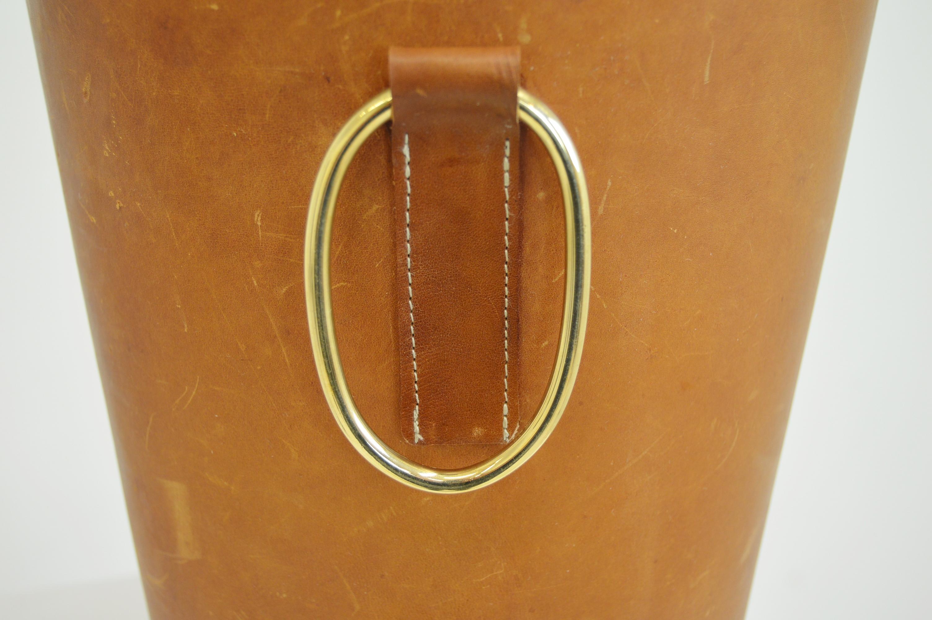 Brass Carl Auböck Leather Waste Bin For Sale
