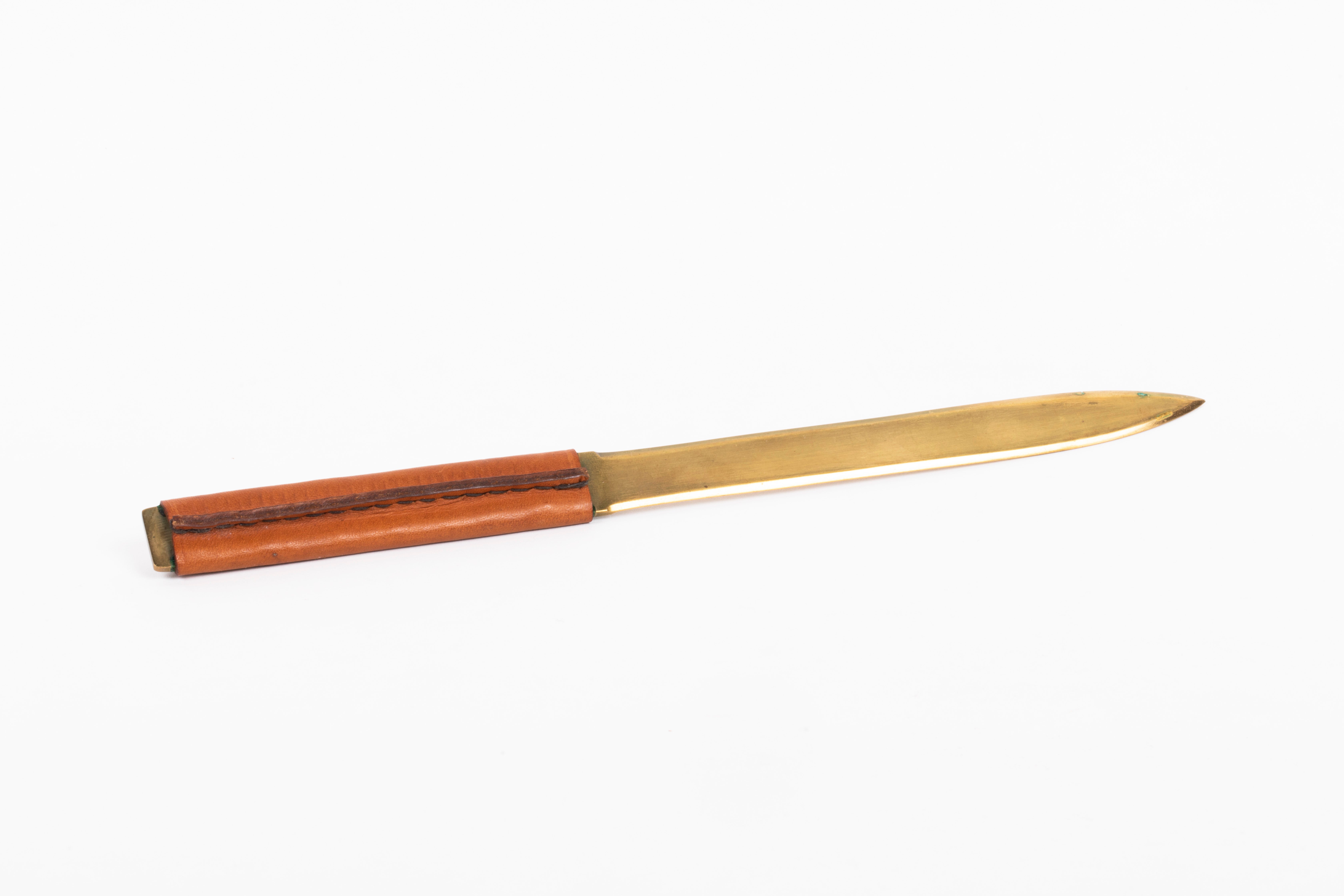 Carl Auböck Leather and Brass Letter Opener, Austria 1960s. 