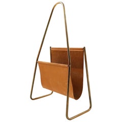 Carl Auböck Magazine Newspaper Rack Stand Tray, Leather Brass, Austria, 1950s