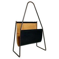 Carl Auböck Magazine Rack Brass Leather Black 3808 Workshop Vienna, 1950s