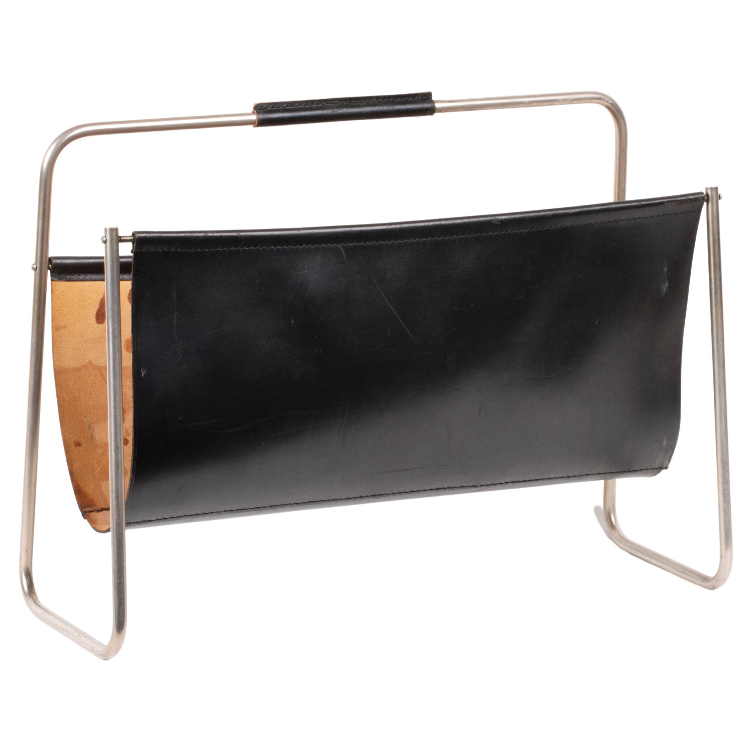 Carl Auböck Magazine Rack in Leather and Brass, Austria 1960s  For Sale