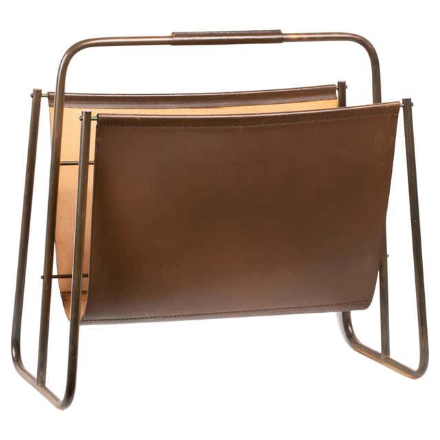 Large Austrian Midcentury Leather and Brass Magazine Rack by Carl ...