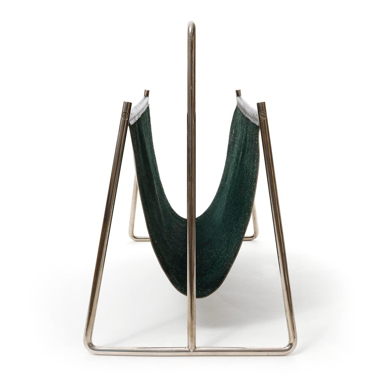 Mid-Century Modern Carl Auböck Magazine Rack, Leather Nickel, 1950s For Sale