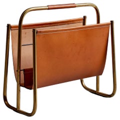 Carl Auböck Magazine Rack / Newspaper Stand in Brass Brown Cognac Leather, 1950s