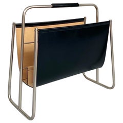 Carl Auböck Magazine Rack Nickel & Black Leather Aubock Workshop, Austria, 1950s