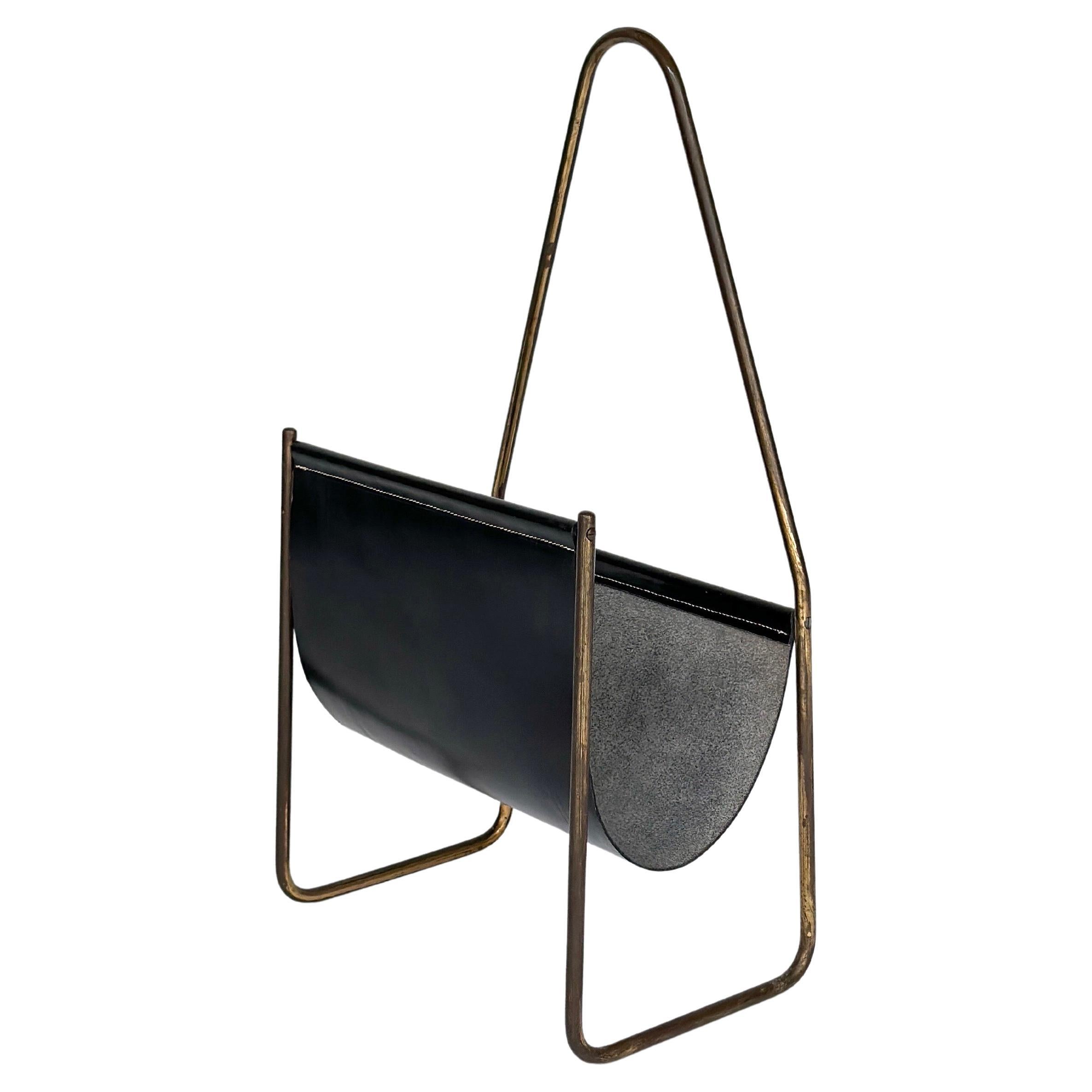 Carl Auböck Magazine Rack Stand Holder Brass & Leather 1950s