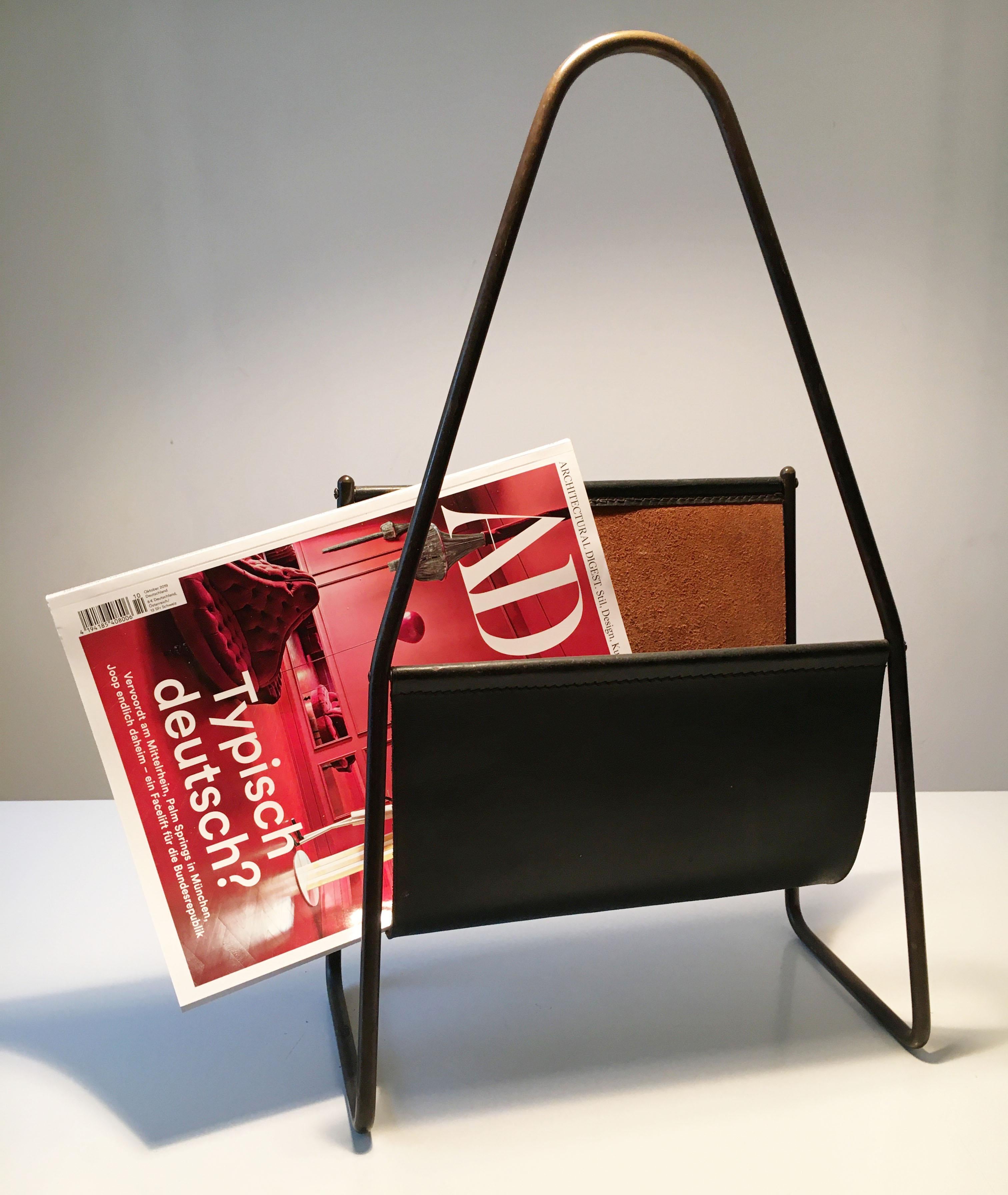 Carl Auböck II vintage magazine stand, black patinated leather, Austria, 1950s.