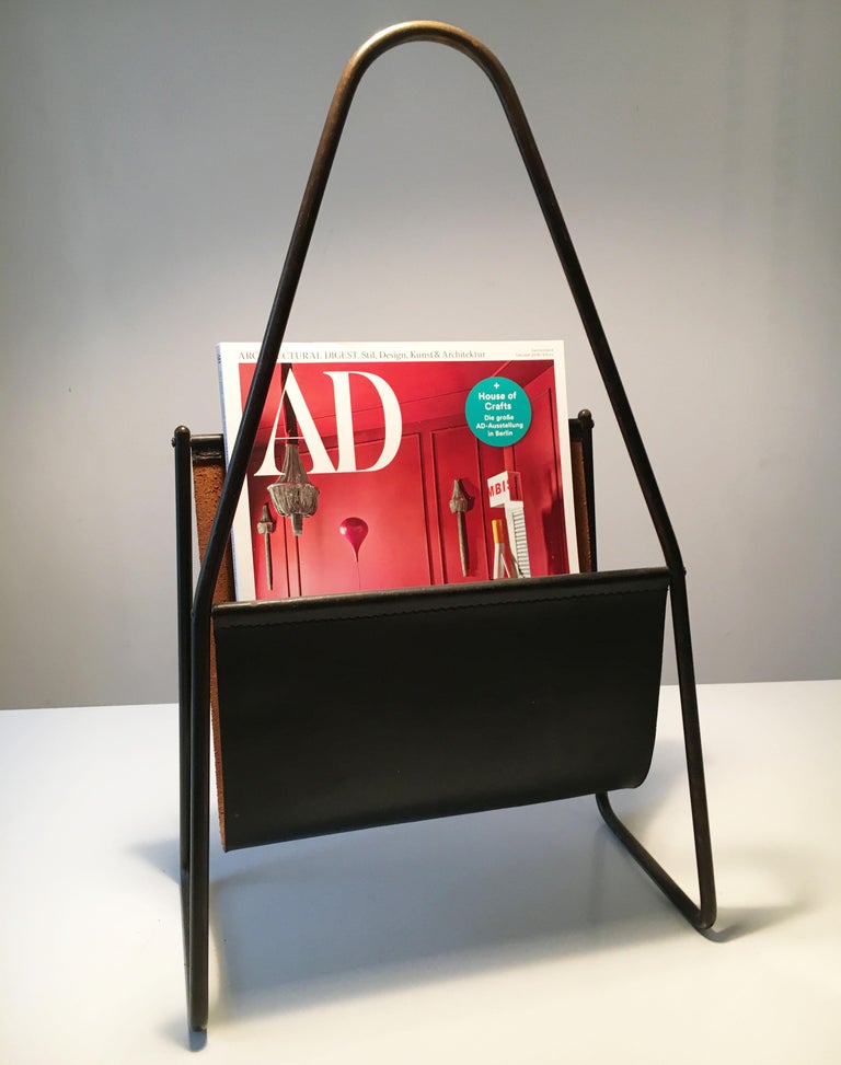 Mid-Century Modern Carl Auböck II Vintage Magazine Stand, Black Patinated Leather, Austria, 1950s For Sale