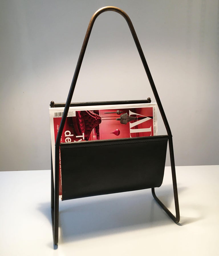 Austrian Carl Auböck II Vintage Magazine Stand, Black Patinated Leather, Austria, 1950s For Sale