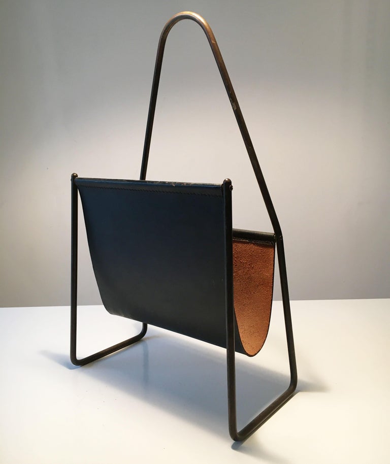 Brass Carl Auböck II Vintage Magazine Stand, Black Patinated Leather, Austria, 1950s For Sale