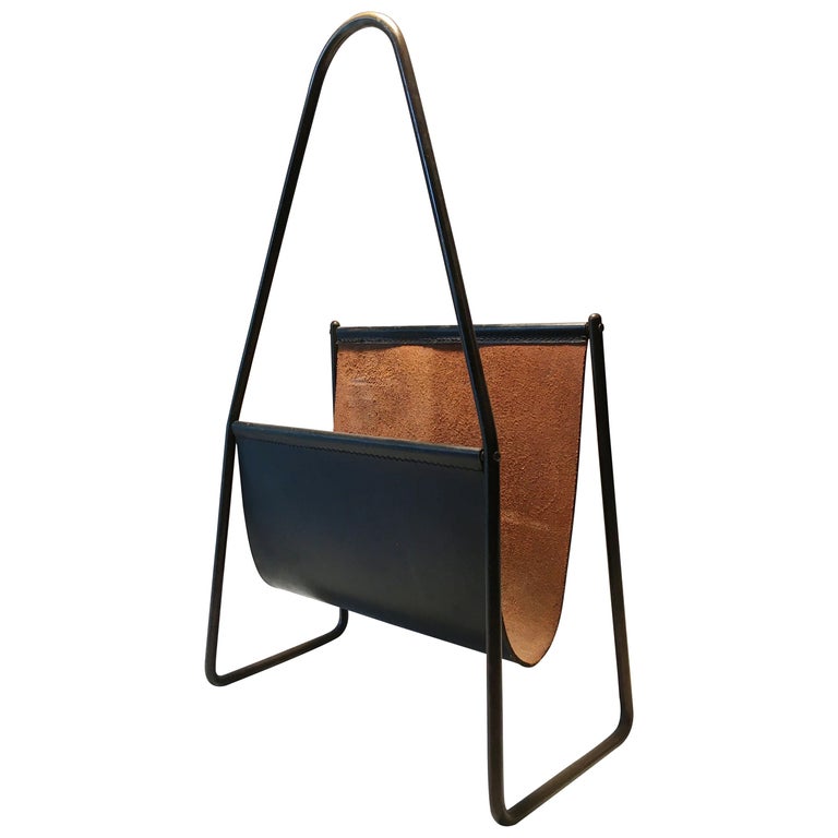 Carl Auböck II Vintage Magazine Stand, Black Patinated Leather, Austria, 1950s For Sale