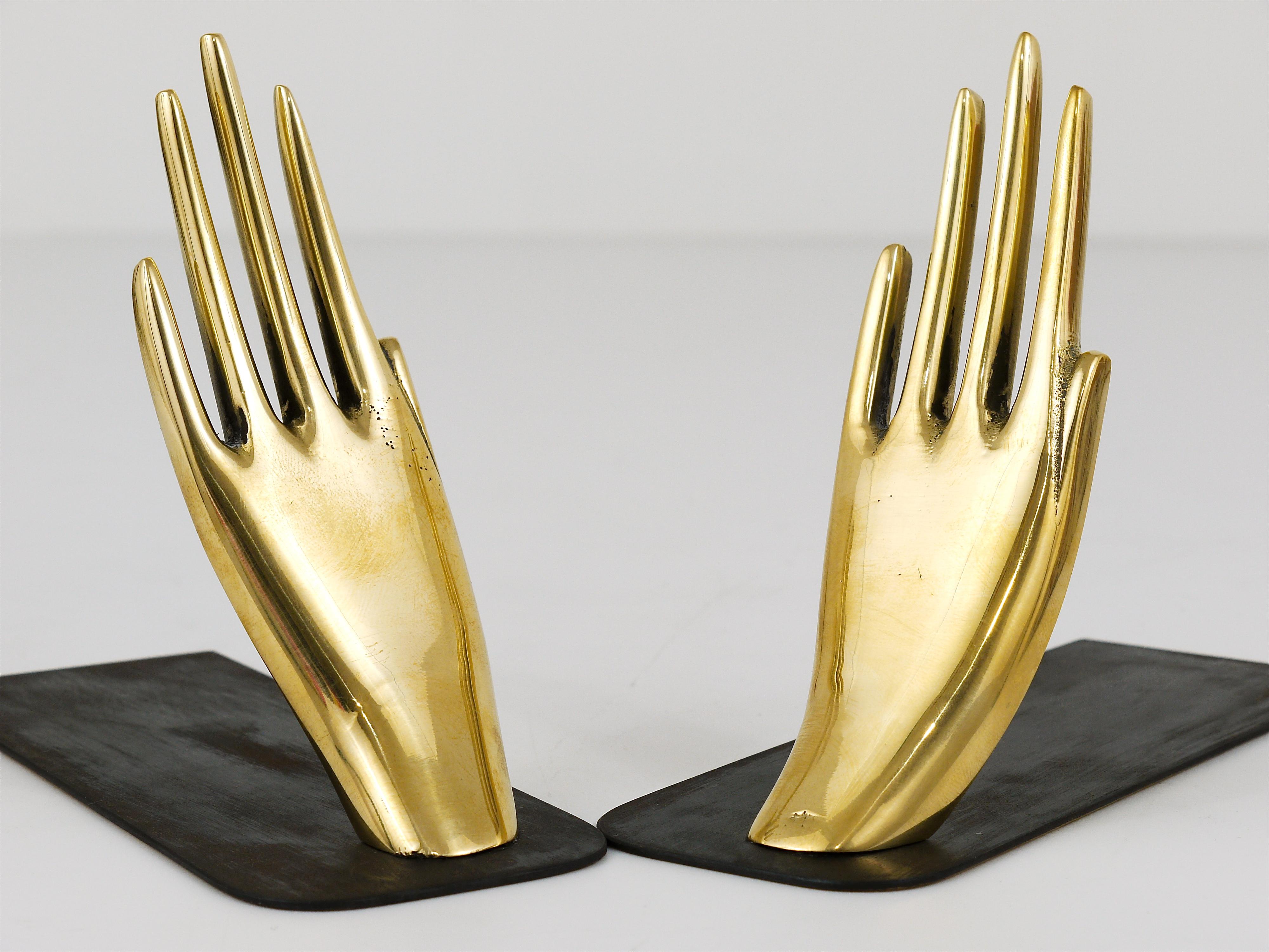 Metal Carl Auböck Mid-Century Bookends with Brass Hands #1928,  Vienna,  Austria For Sale