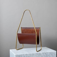 Carl Aubock Mid-century Magazine Rack in Brass and Brown Leather, Austria 1960s.