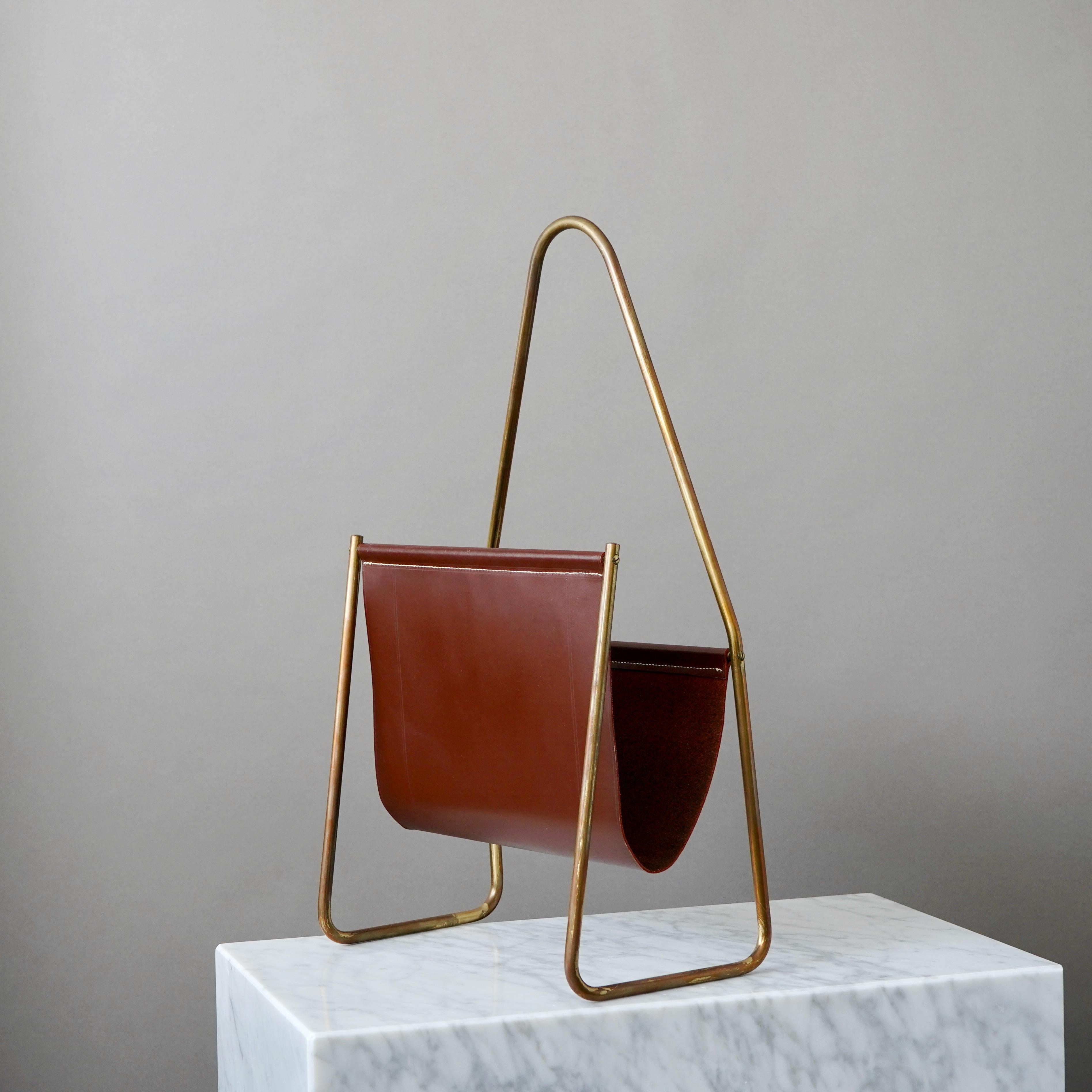 Portariviste Carl Aubock di metà secolo in ottone e pelle marrone, Austria 1960. In condizioni buone in vendita a Malmö, SE