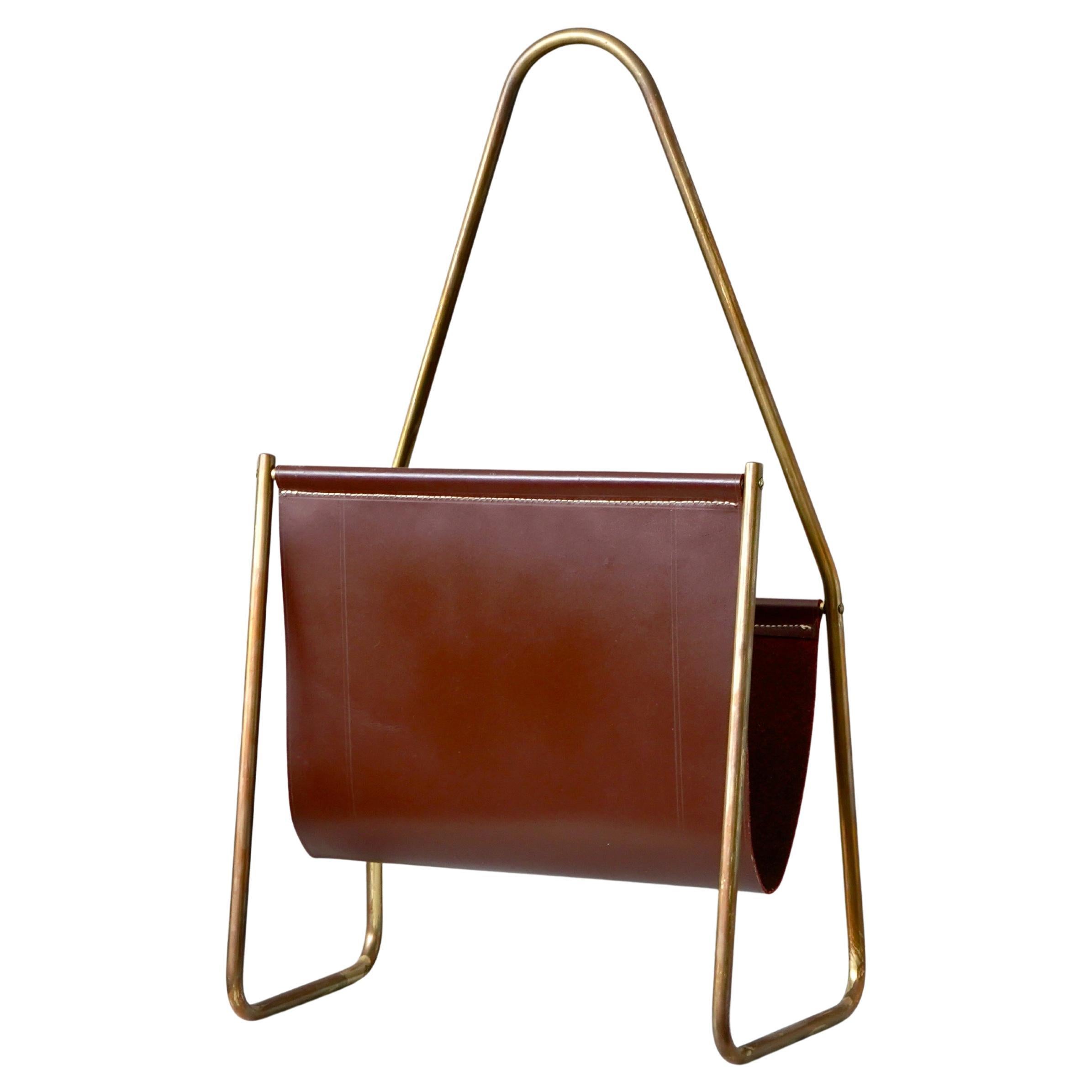 Carl Aubock Mid-century Magazine Rack in Brass and Brown Leather, Austria 1960s.