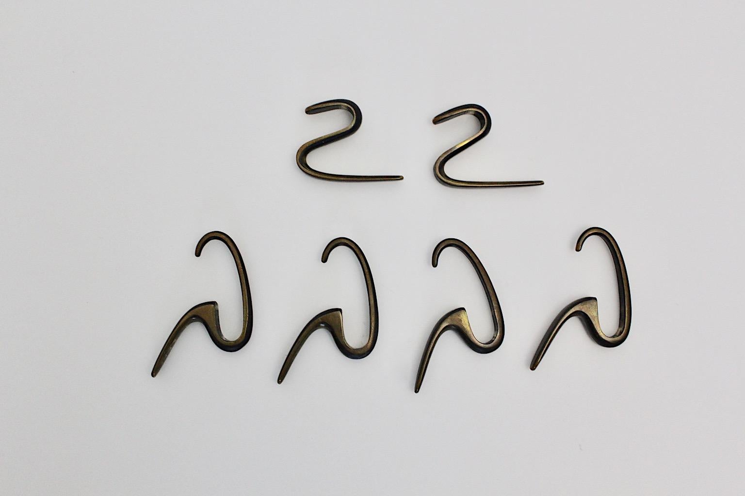 Carl Aubock Mid-Century Modern Beech Coat Rack Six Brass Hooks Vienna, 1950s For Sale 8