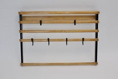 Carl Aubock Mid-Century Modern Beech Coat Rack Six Brass Hooks Vienna, 1950s