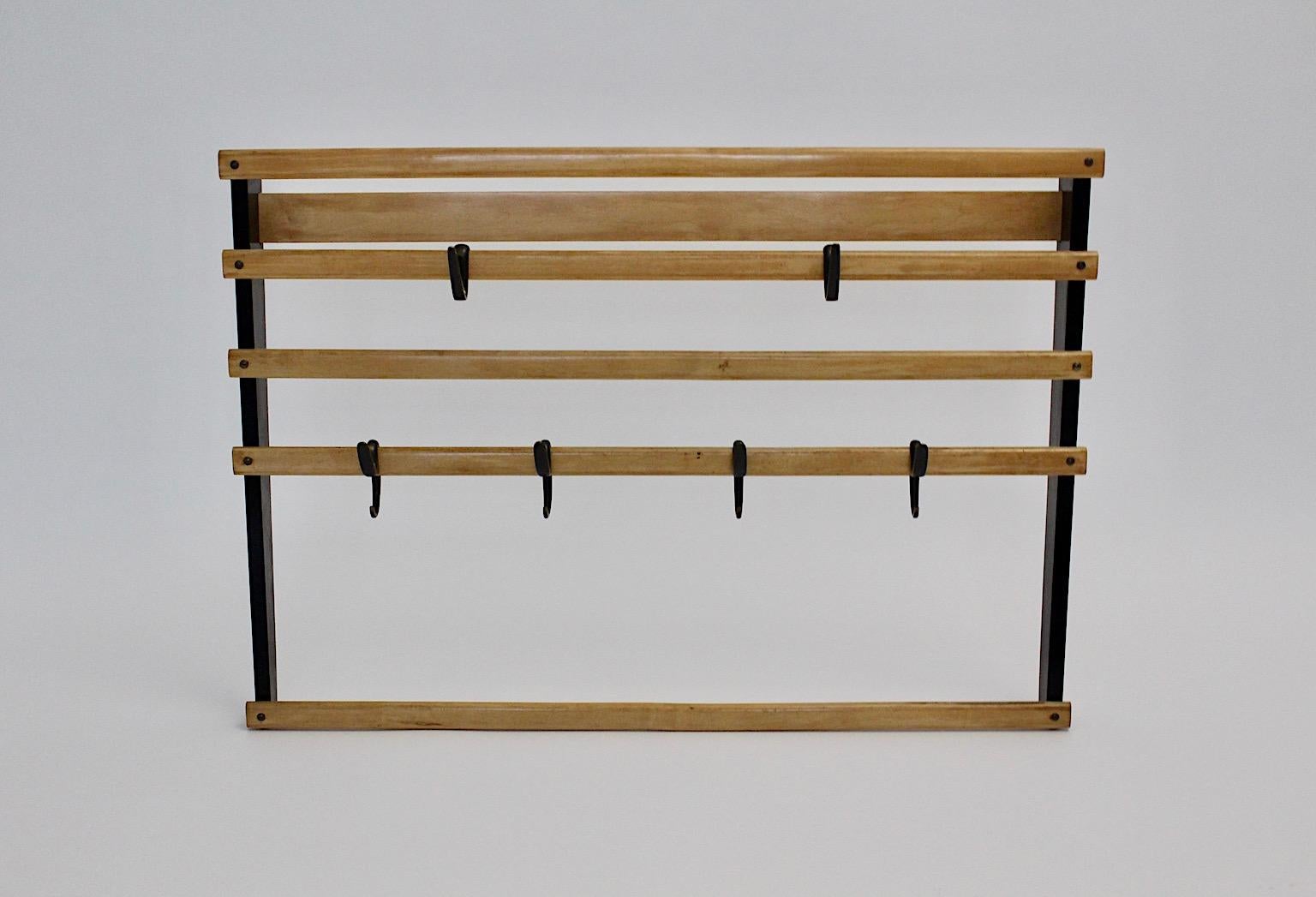 Austrian Carl Aubock Mid-Century Modern Beech Coat Rack Six Brass Hooks Vienna, 1950s For Sale