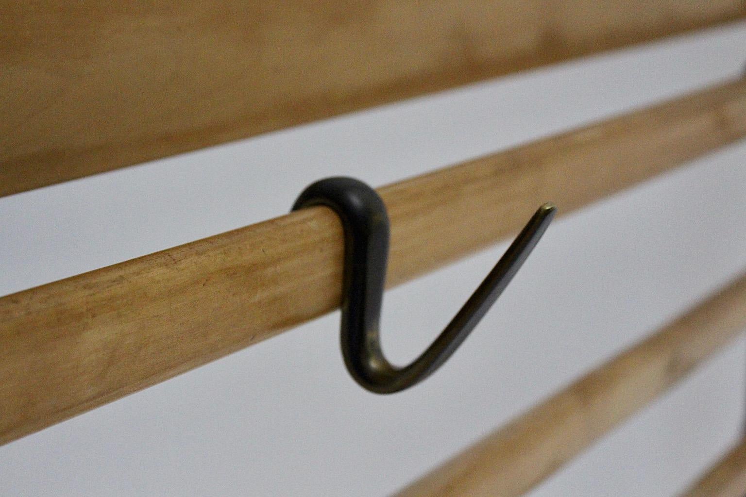 Carl Aubock Mid-Century Modern Beech Coat Rack Six Brass Hooks Vienna, 1950s For Sale 1