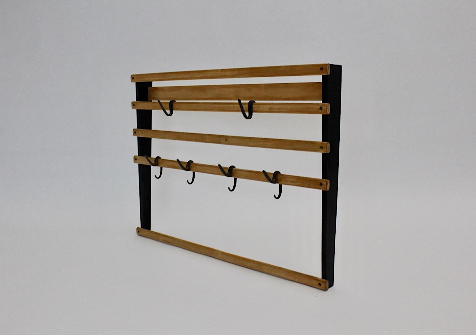 Carl Aubock Mid-Century Modern Beech Coat Rack Six Brass Hooks Vienna, 1950s For Sale 2