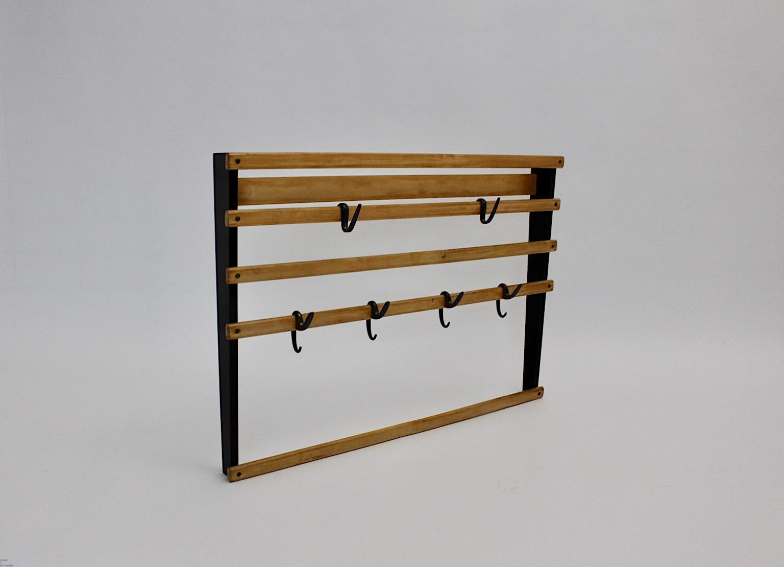 Carl Aubock Mid-Century Modern Beech Coat Rack Six Brass Hooks Vienna, 1950s For Sale 4