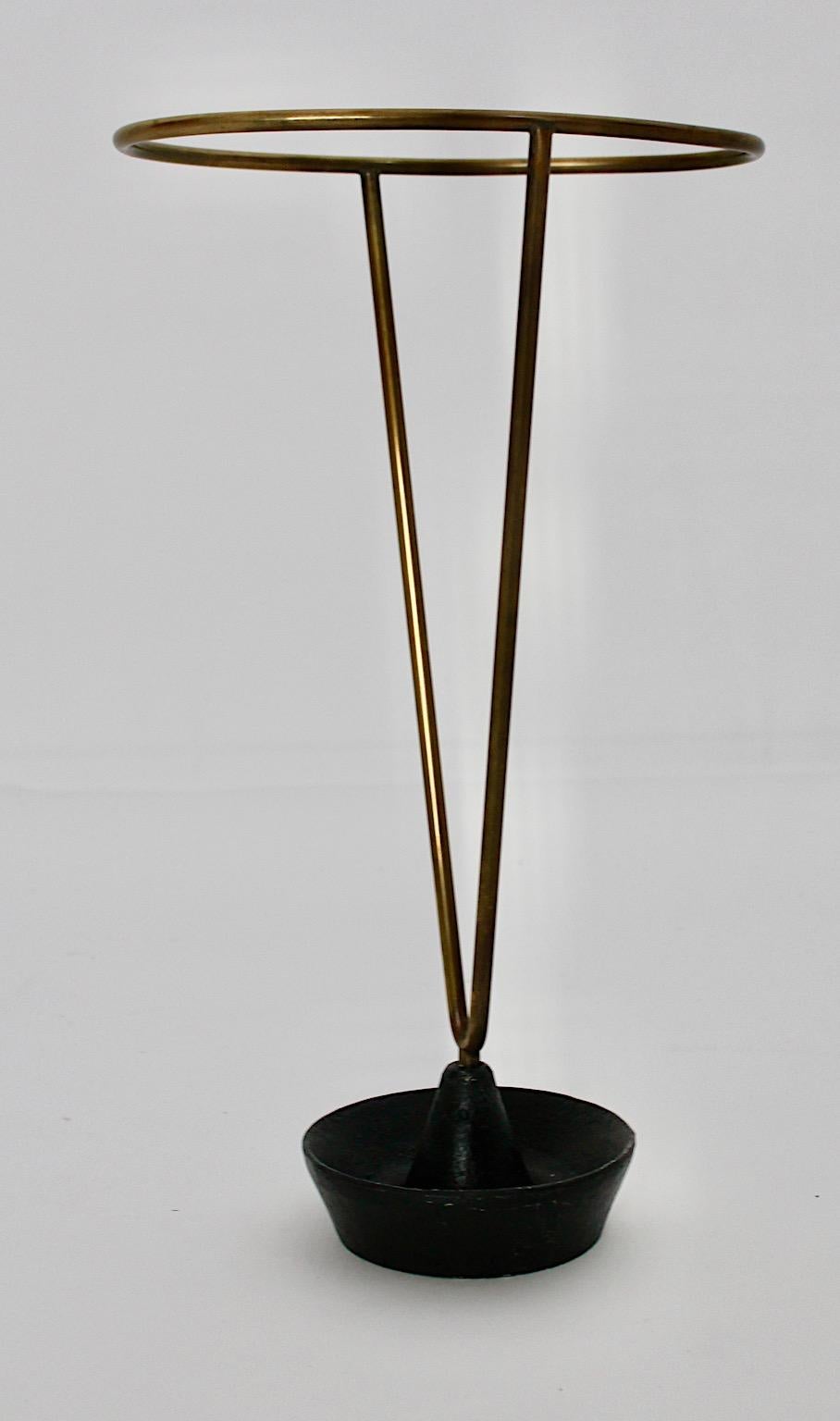 Iron Carl Auböck Mid Century Vintage Black Brass Umbrella Stand Cane Holder 1950s For Sale
