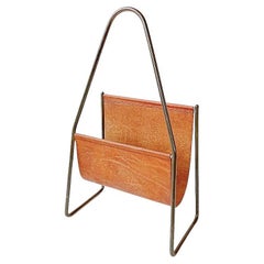 Vintage Carl Auböck Midcentury Brass & Cognac Leather Magazine Rack, 1950, Austria