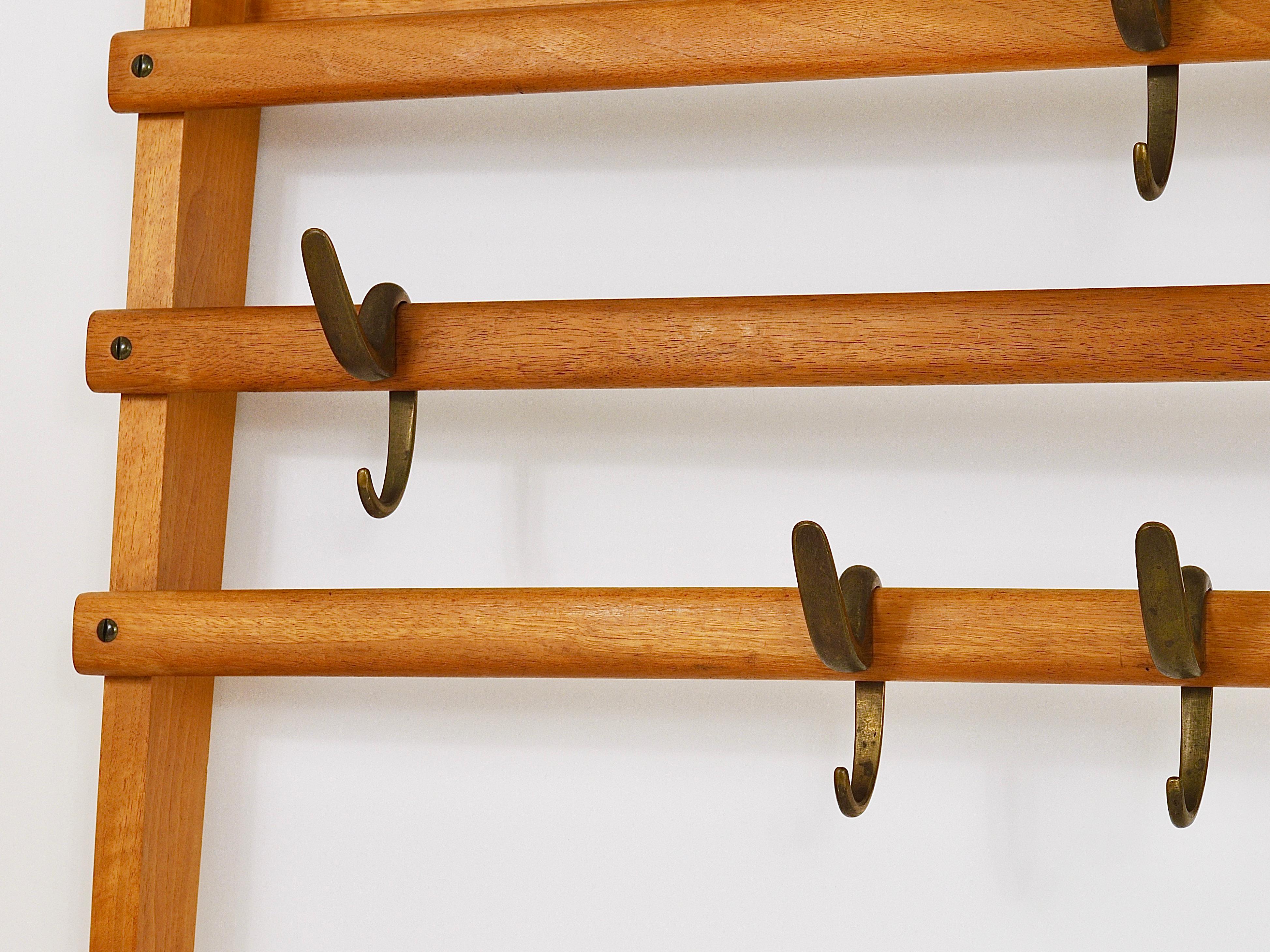 Patinated Carl Auböck Mid-Century Coat Rack Beech Wardrobe with 7 Brass Hooks, 1950s For Sale