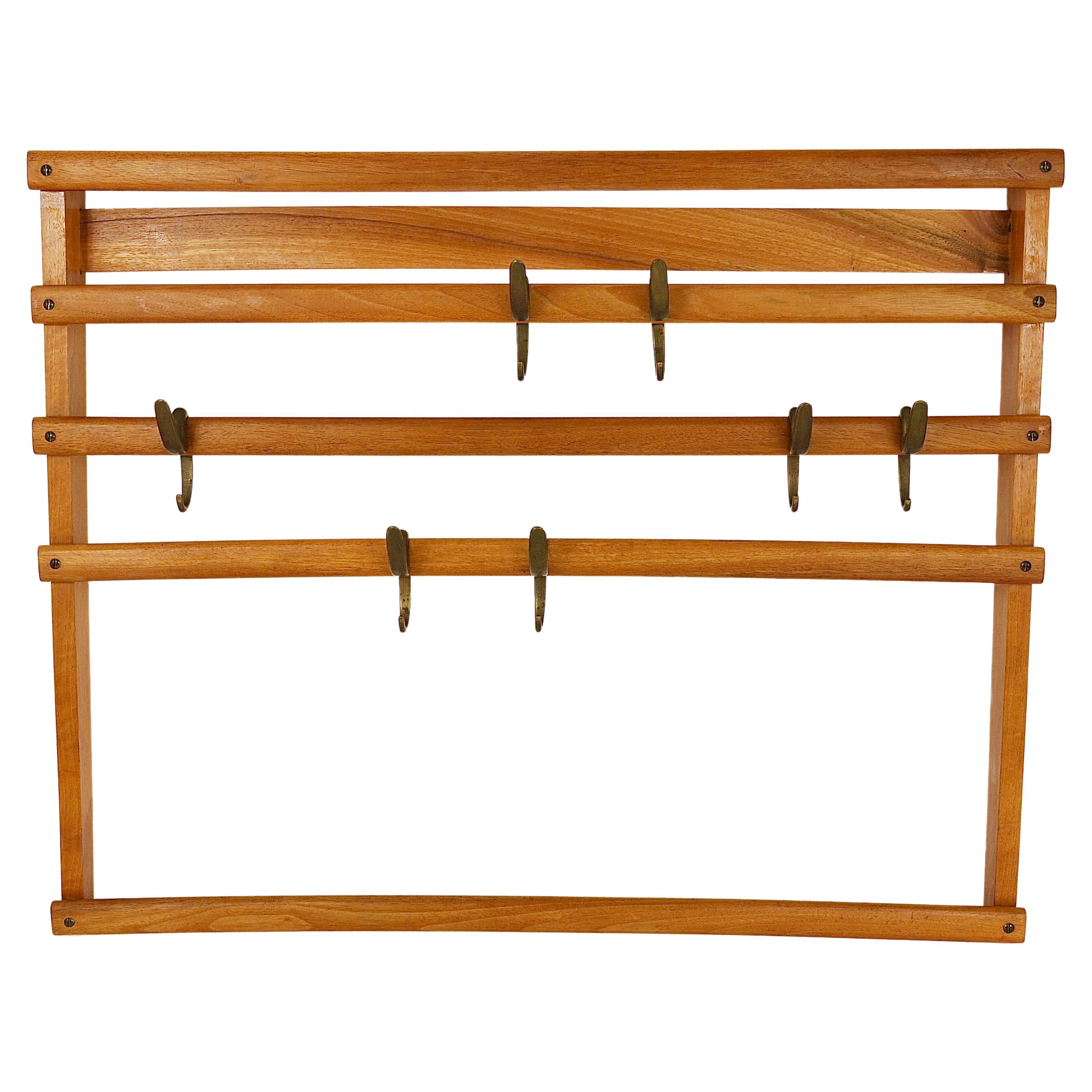 Carl Auböck Mid-Century Coat Rack Beech Wardrobe with 7 Brass Hooks, 1950s