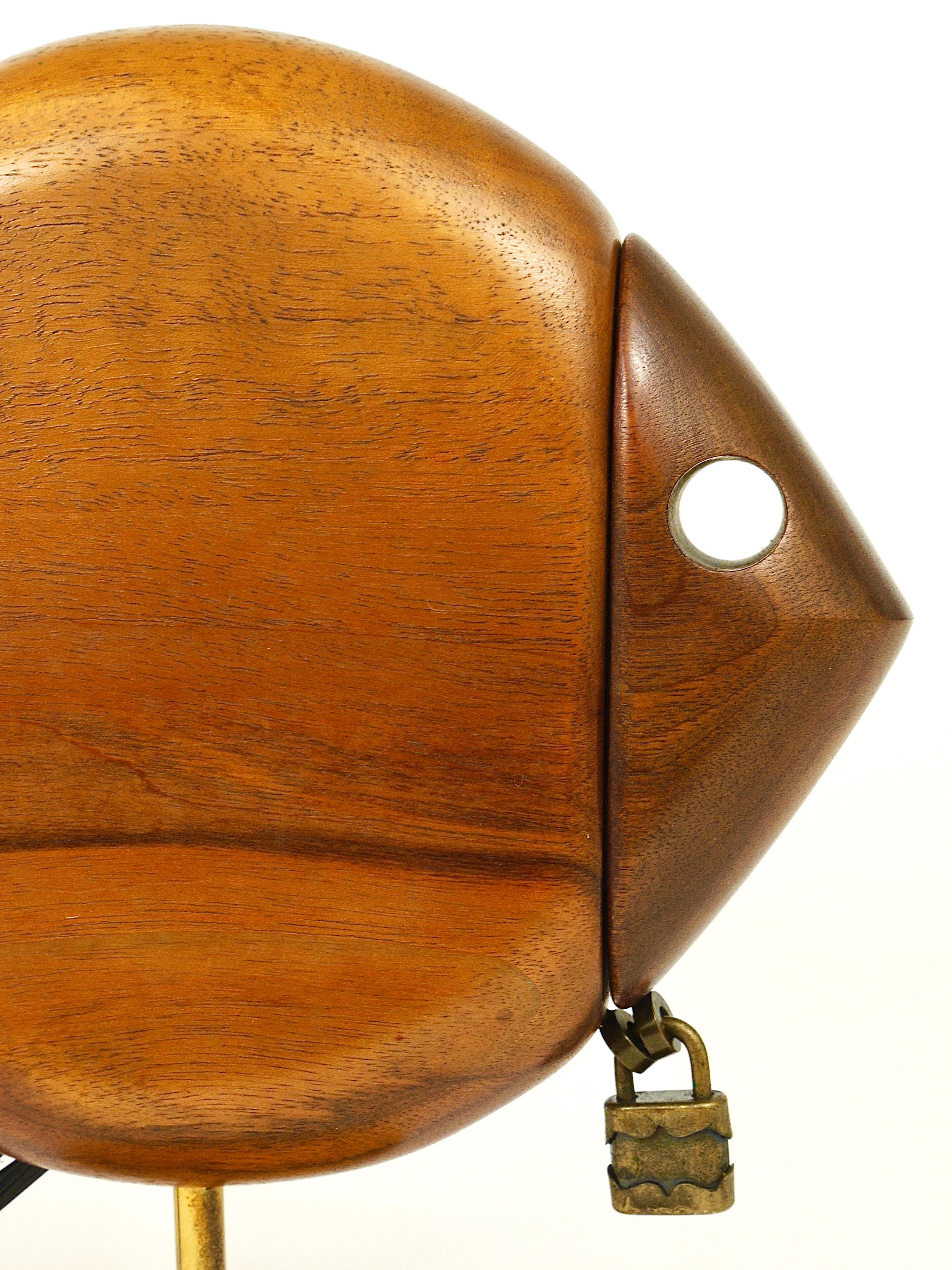 Carl Auböck Mid-Century Fish Piggy Bank, Brass, Walnut, Bristle, Austria, 1960s 5