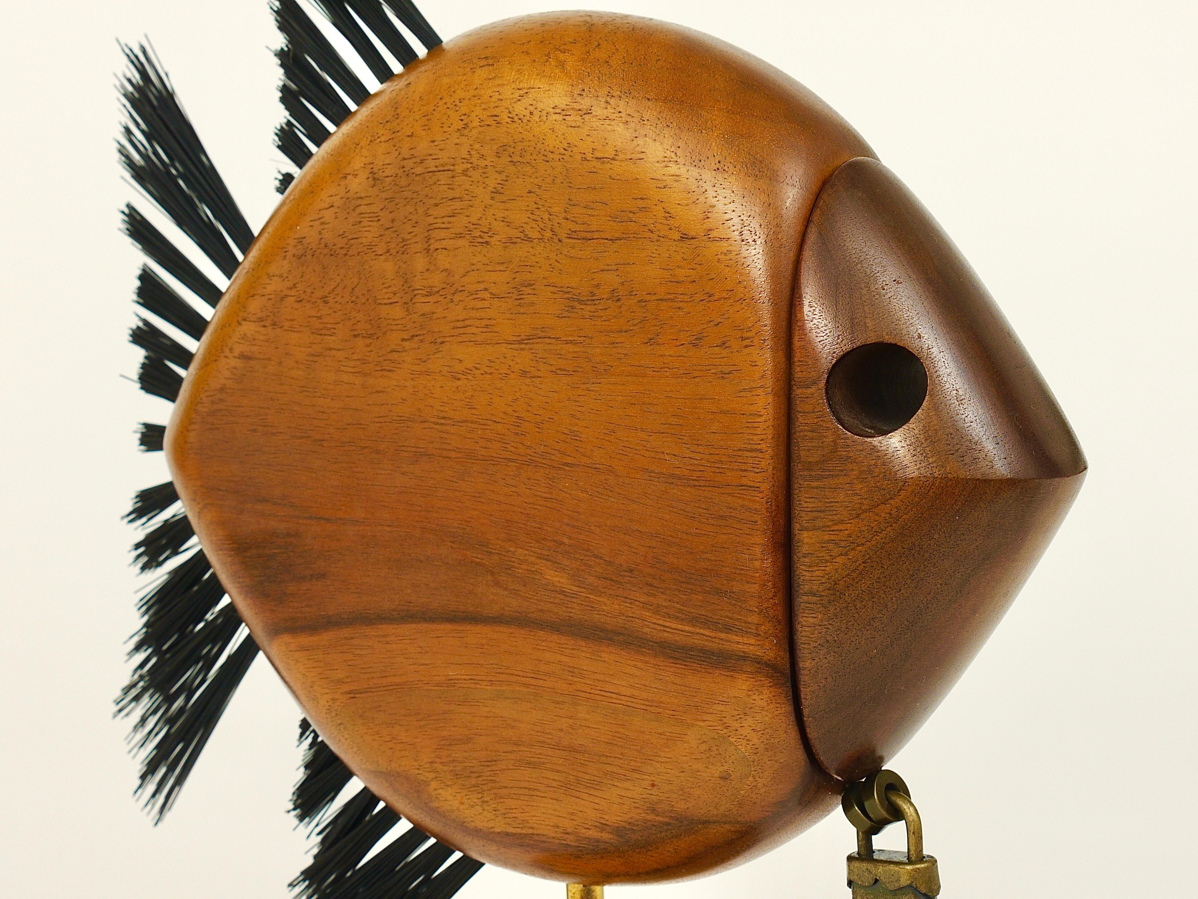 Carl Auböck Mid-Century Fish Piggy Bank, Brass, Walnut, Bristle, Austria, 1960s 9