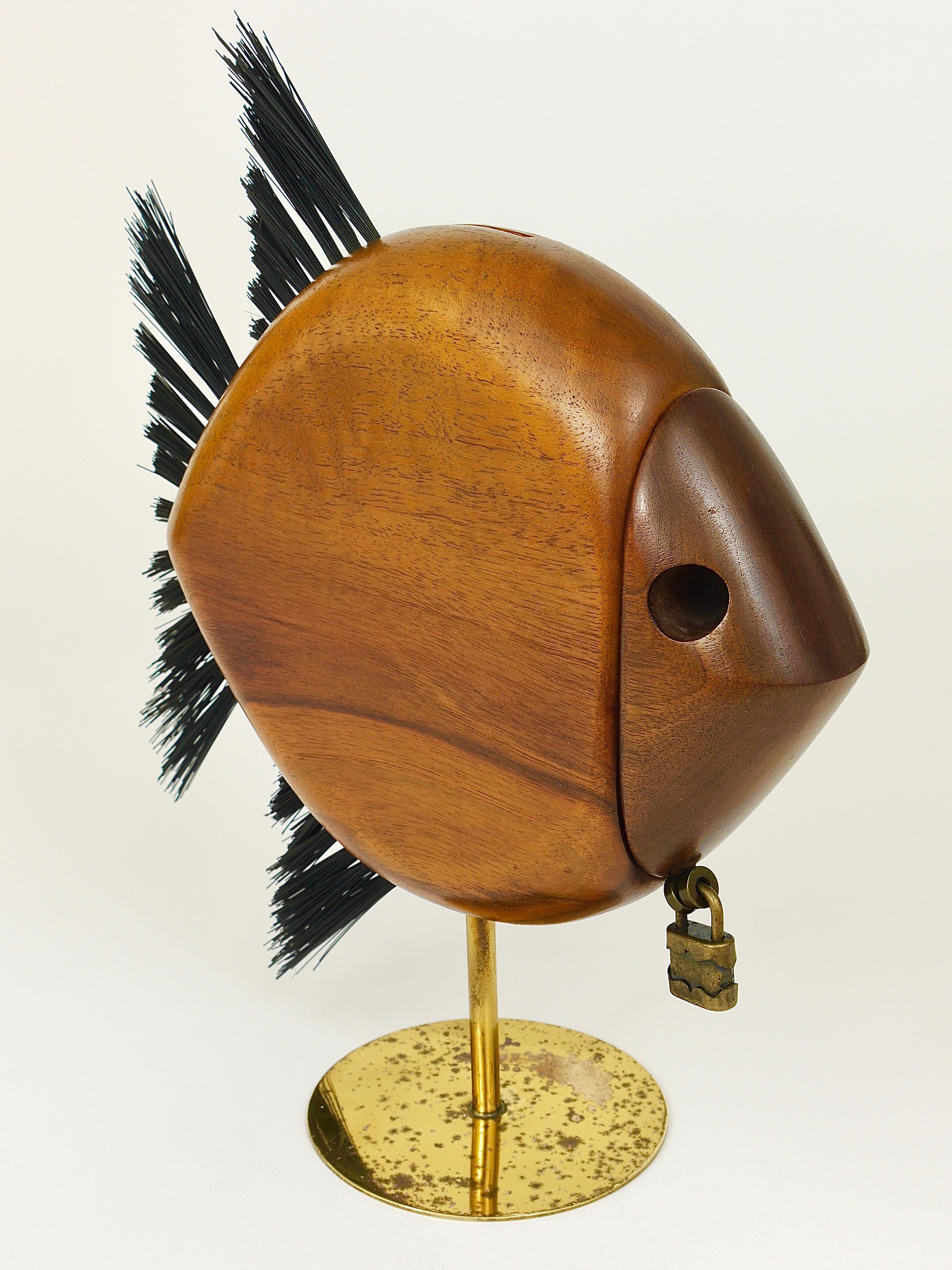 Carl Auböck Mid-Century Fish Piggy Bank, Brass, Walnut, Bristle, Austria, 1960s 10