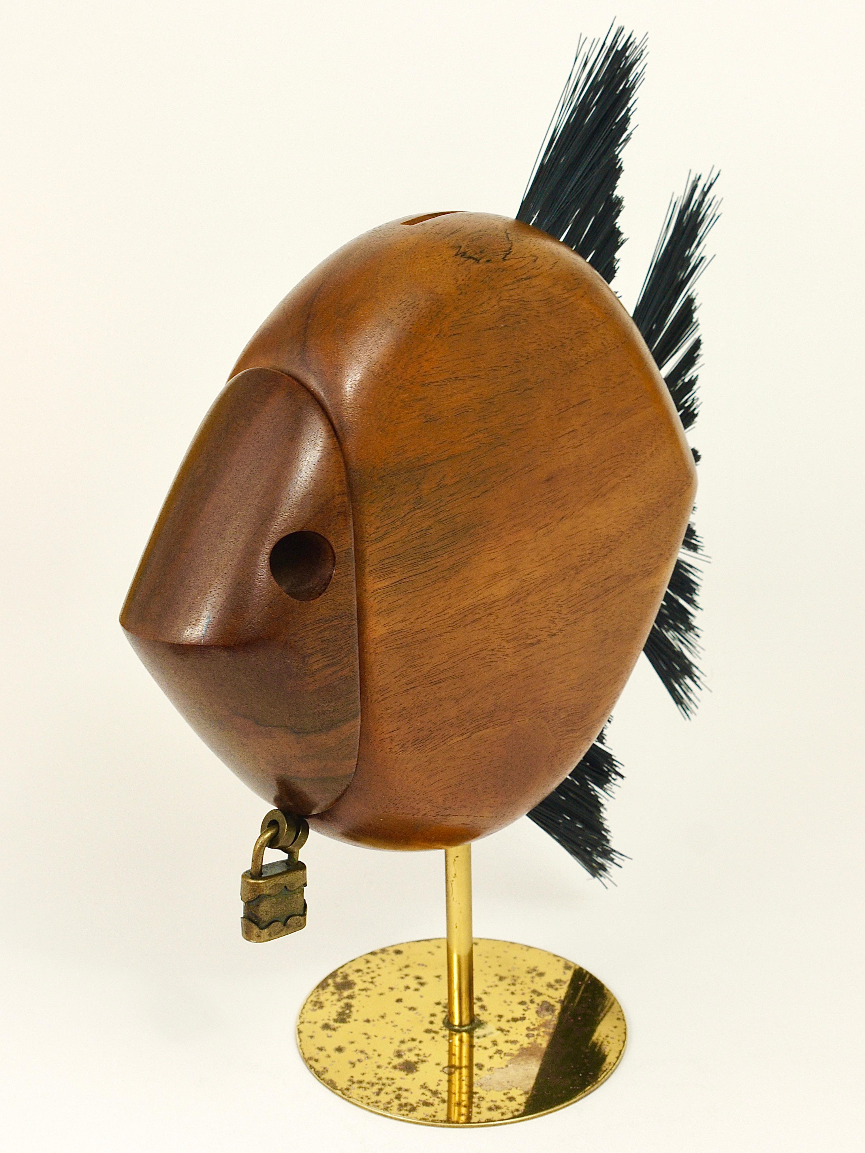 Carl Auböck Mid-Century Fish Piggy Bank, Brass, Walnut, Bristle, Austria, 1960s 11
