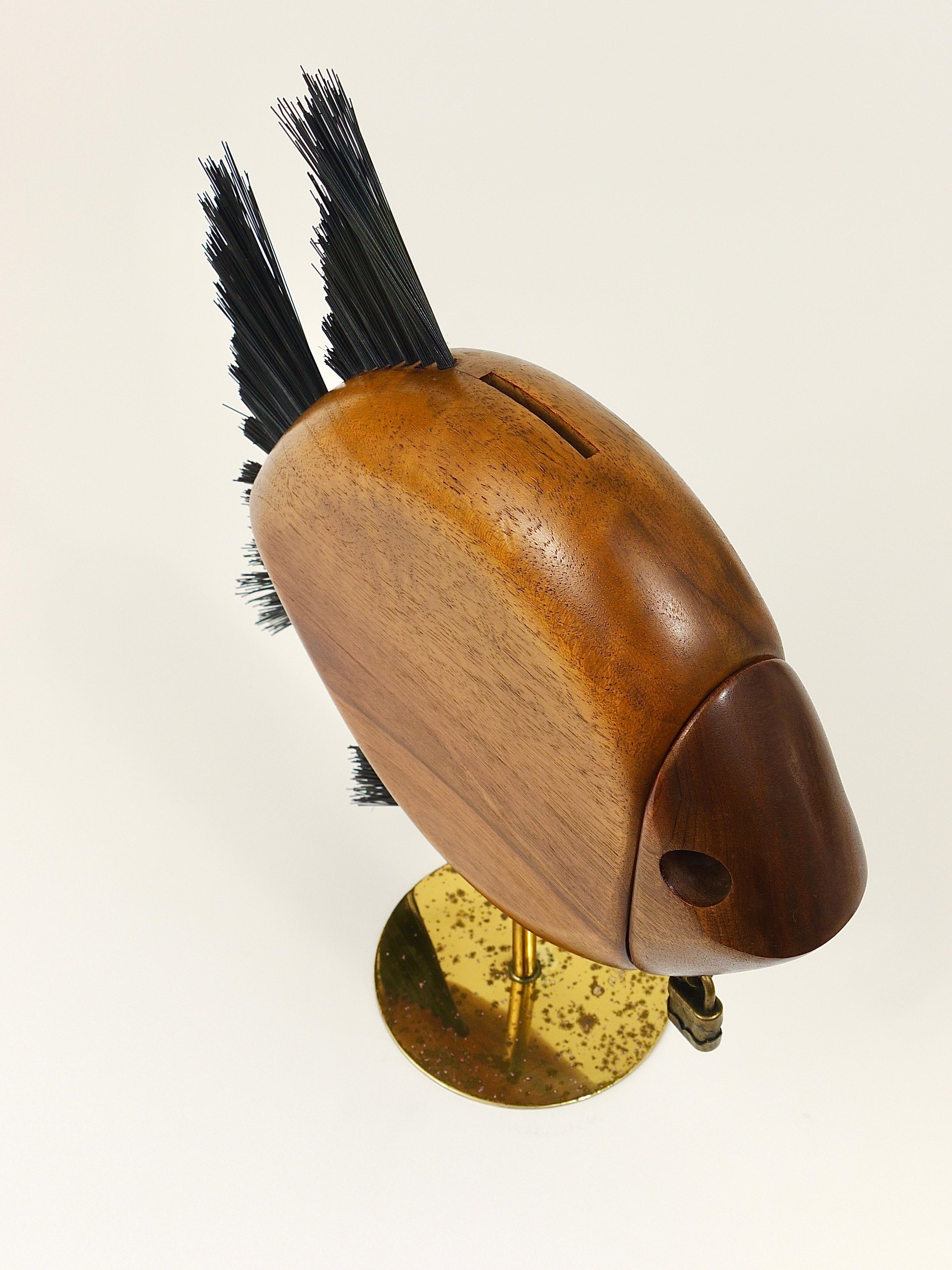 Carl Auböck Mid-Century Fish Piggy Bank, Brass, Walnut, Bristle, Austria, 1960s 12