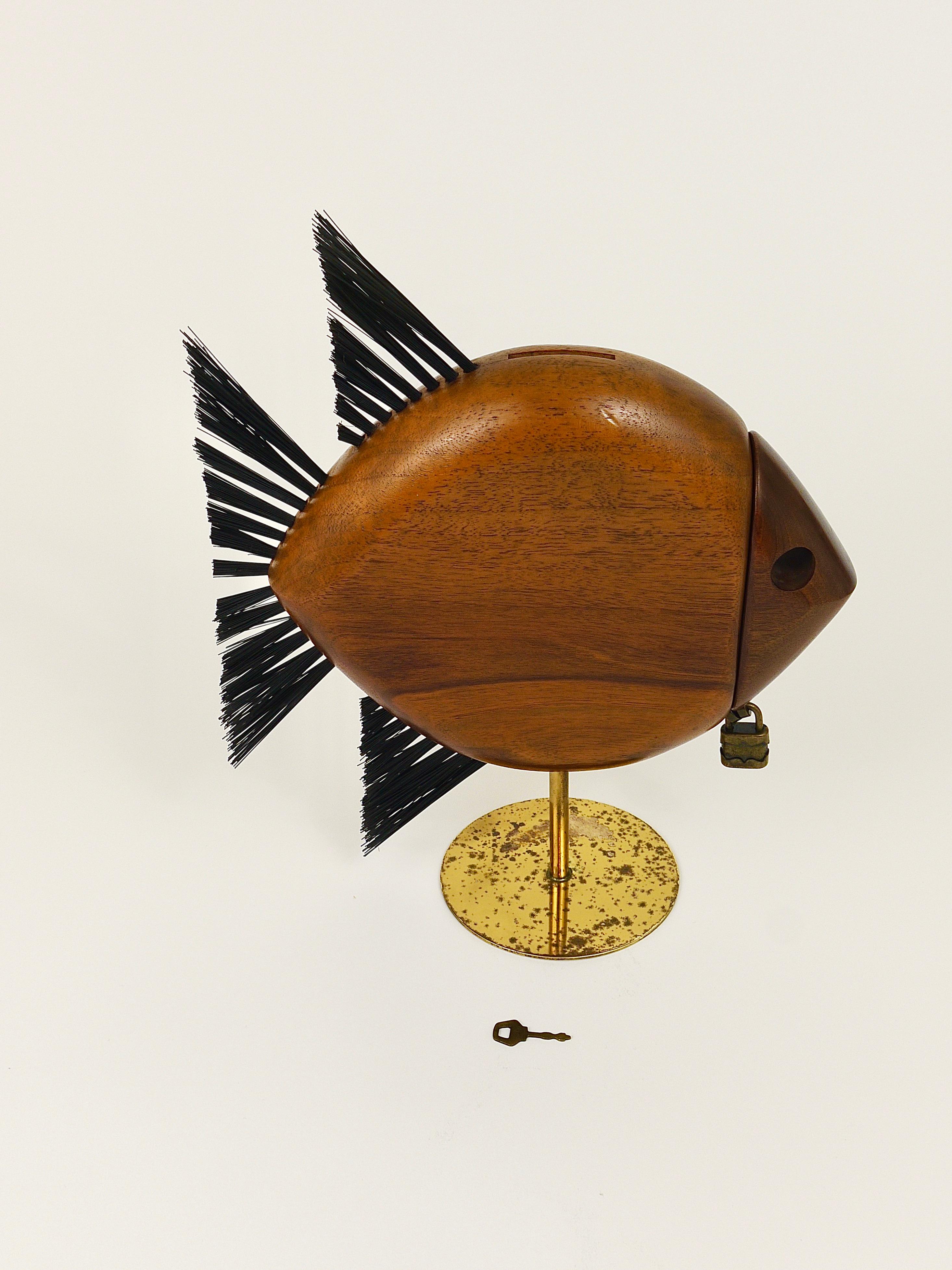 Carl Auböck Mid-Century Fish Piggy Bank, Brass, Walnut, Bristle, Austria, 1960s 13