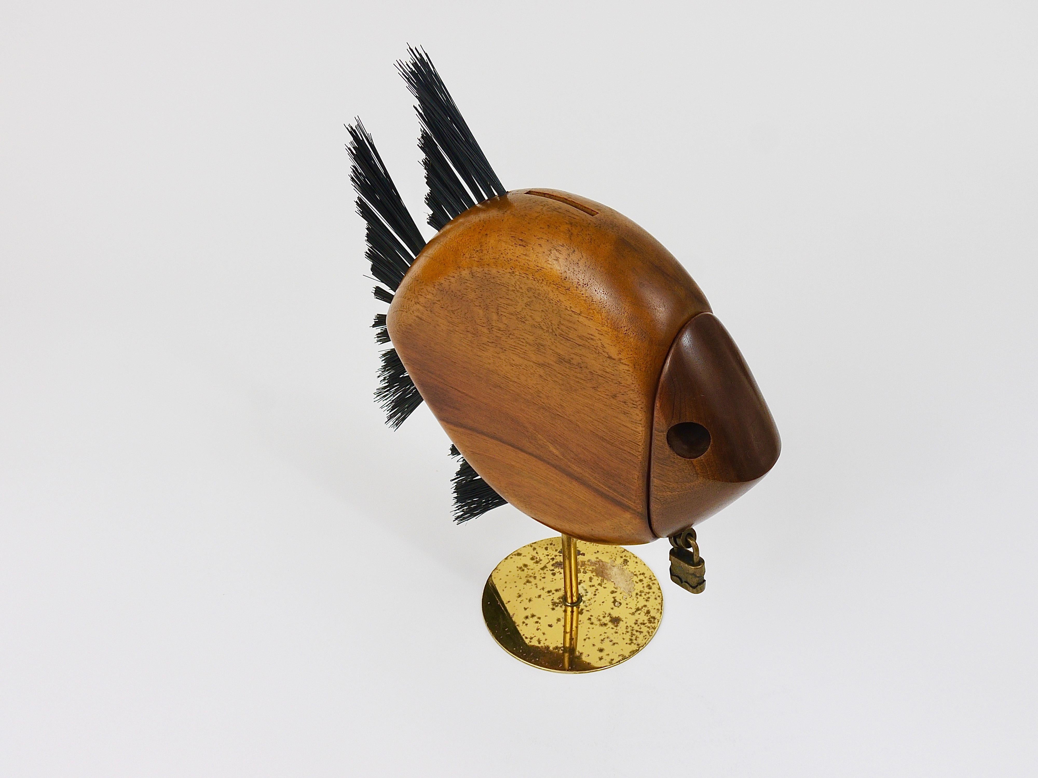 Carl Auböck Mid-Century Fish Piggy Bank, Brass, Walnut, Bristle, Austria, 1960s 14