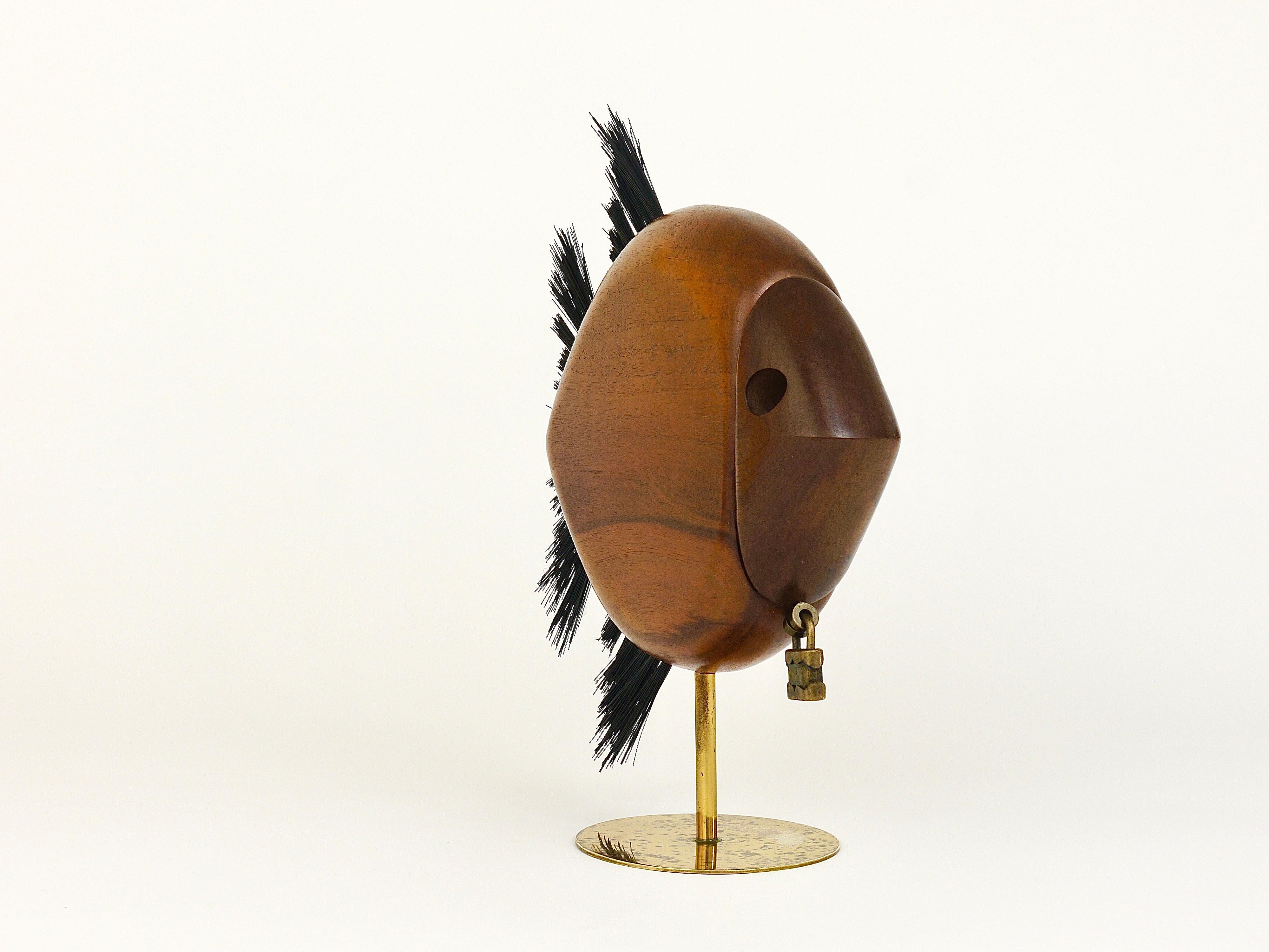 Mid-Century Modern Carl Auböck Mid-Century Fish Piggy Bank, Brass, Walnut, Bristle, Austria, 1960s