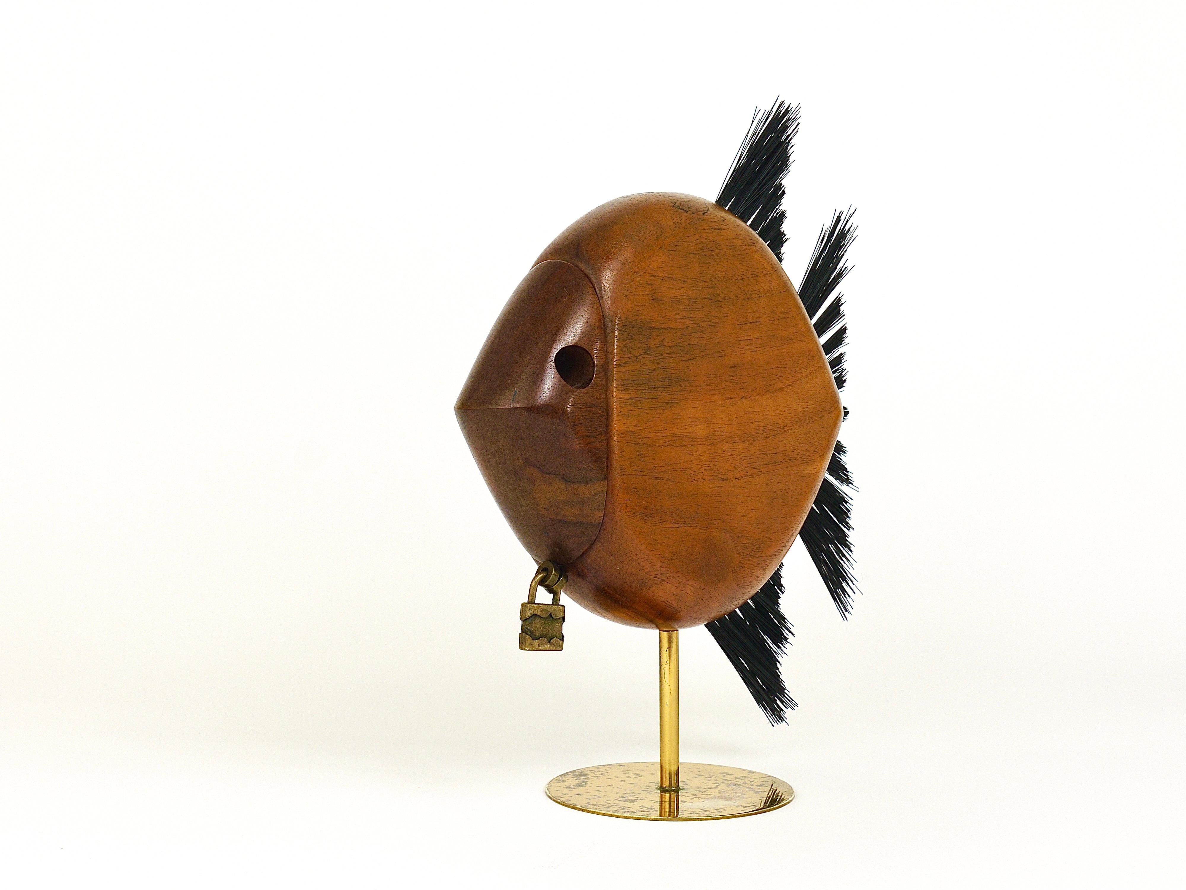 Austrian Carl Auböck Mid-Century Fish Piggy Bank, Brass, Walnut, Bristle, Austria, 1960s