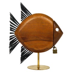 Carl Auböck Mid-Century Fish Piggy Bank, Brass, Walnut, Bristle, Austria, 1960s