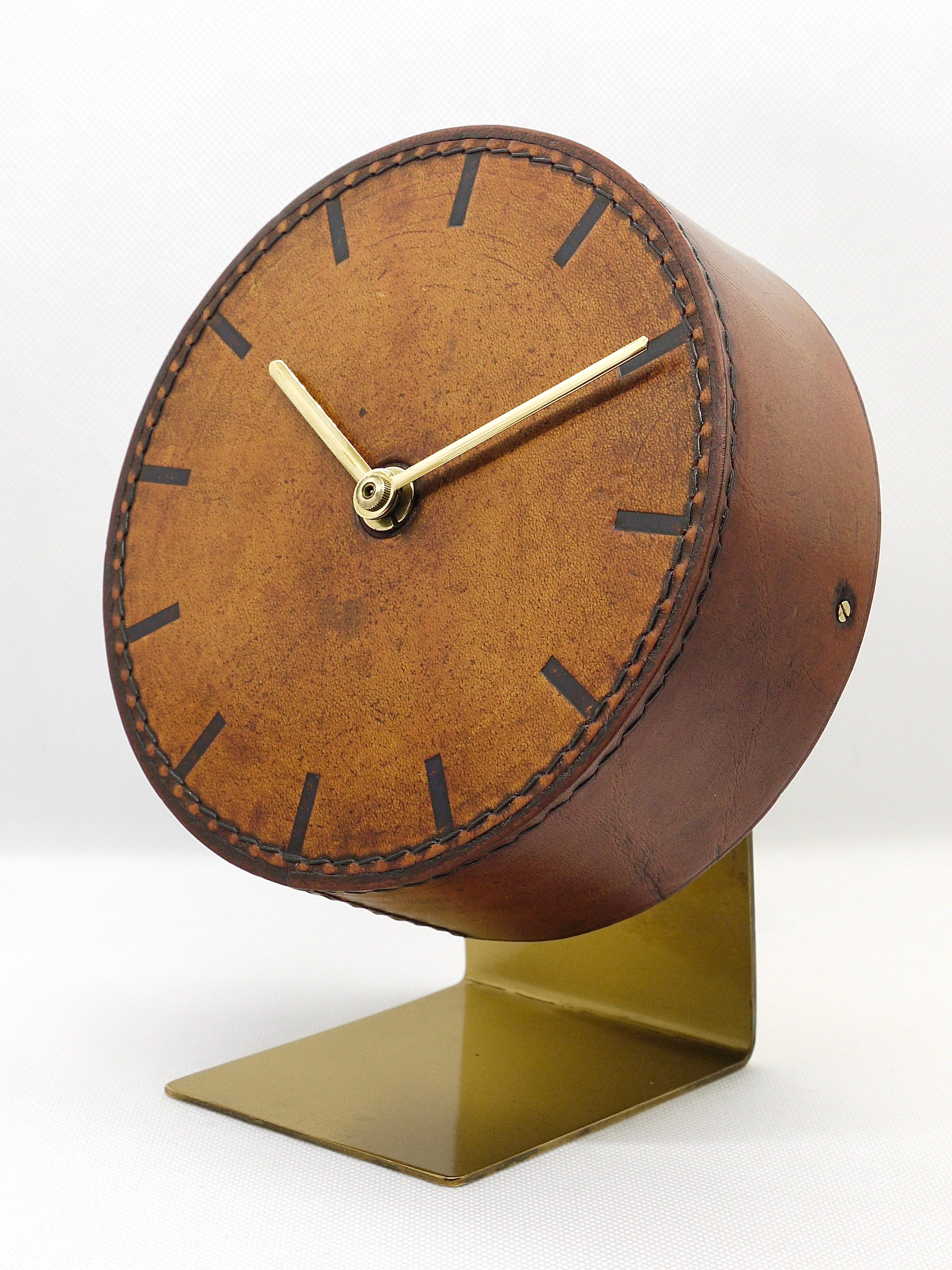 Carl Auböck Midcentury Leather and Brass Desk Table Clock, Austria, 1950s 7