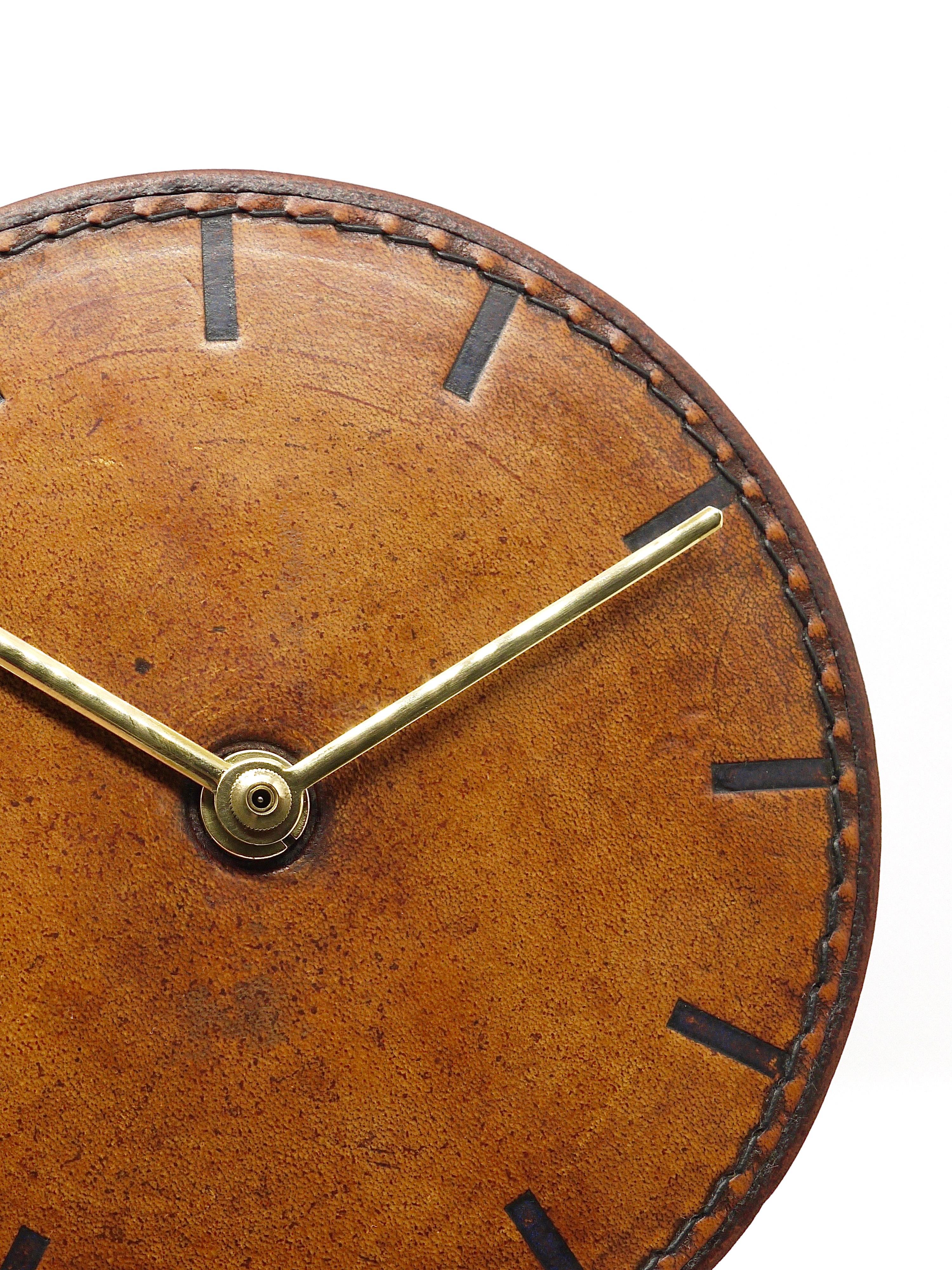 Carl Auböck Midcentury Leather and Brass Desk Table Clock, Austria, 1950s 10