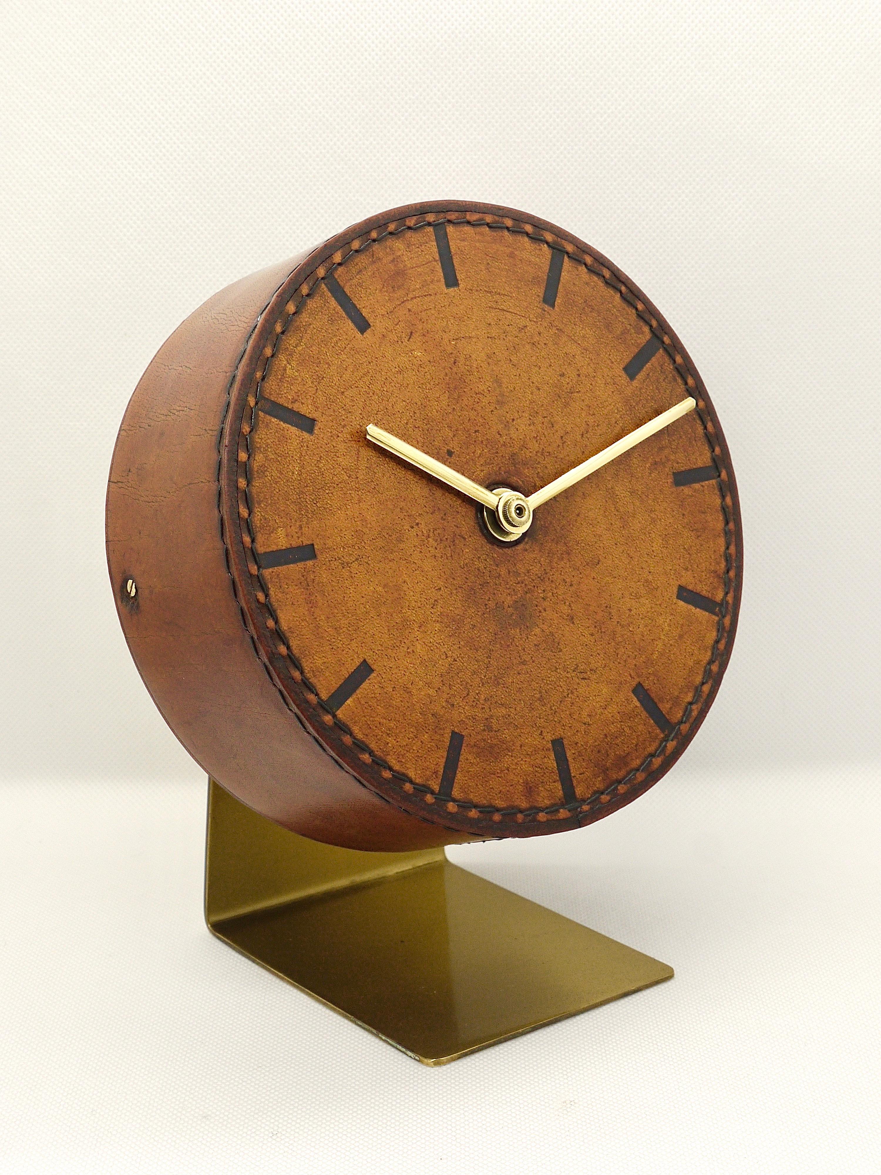 Mid-Century Modern Carl Auböck Midcentury Leather and Brass Desk Table Clock, Austria, 1950s