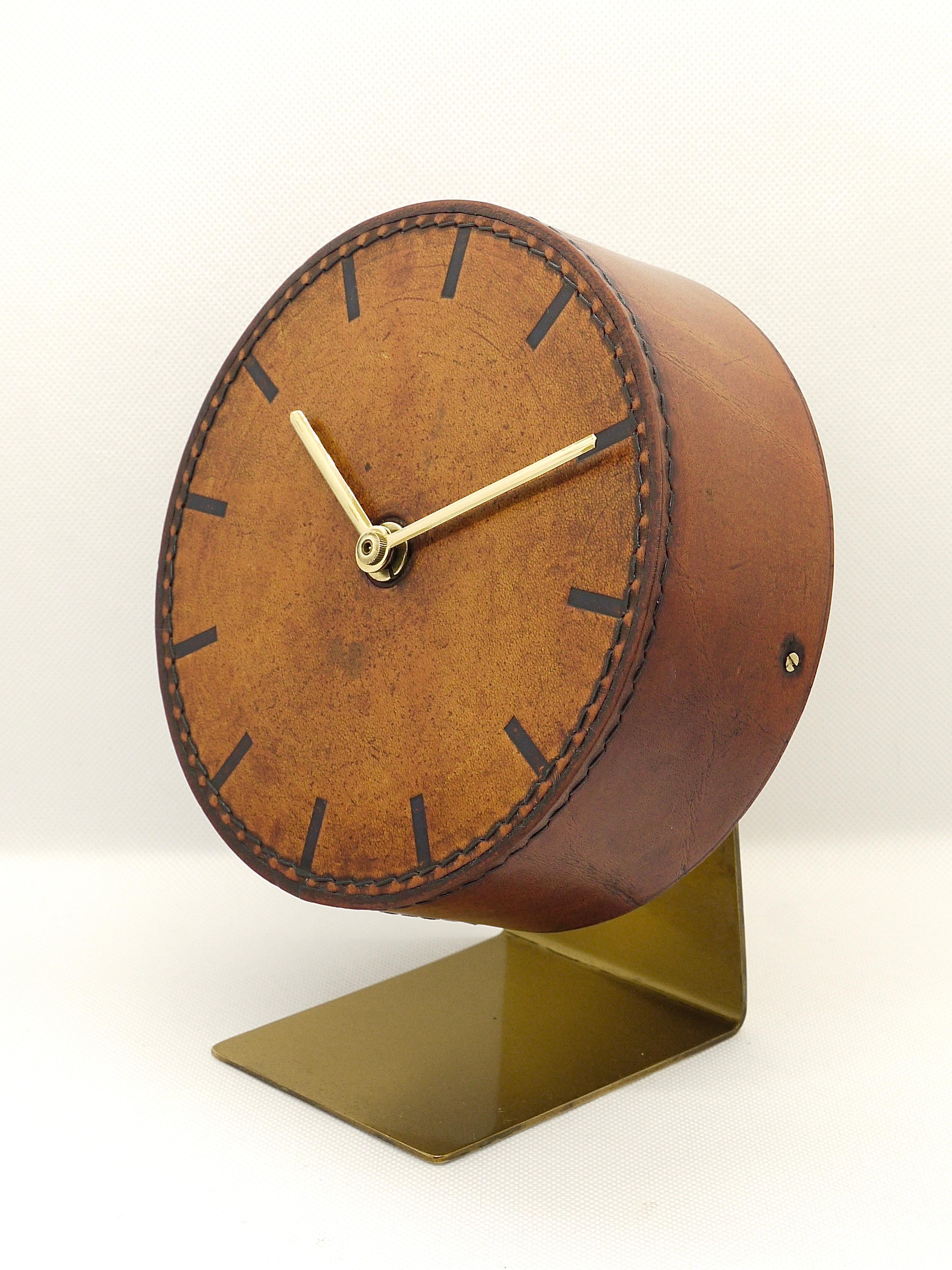 Austrian Carl Auböck Midcentury Leather and Brass Desk Table Clock, Austria, 1950s